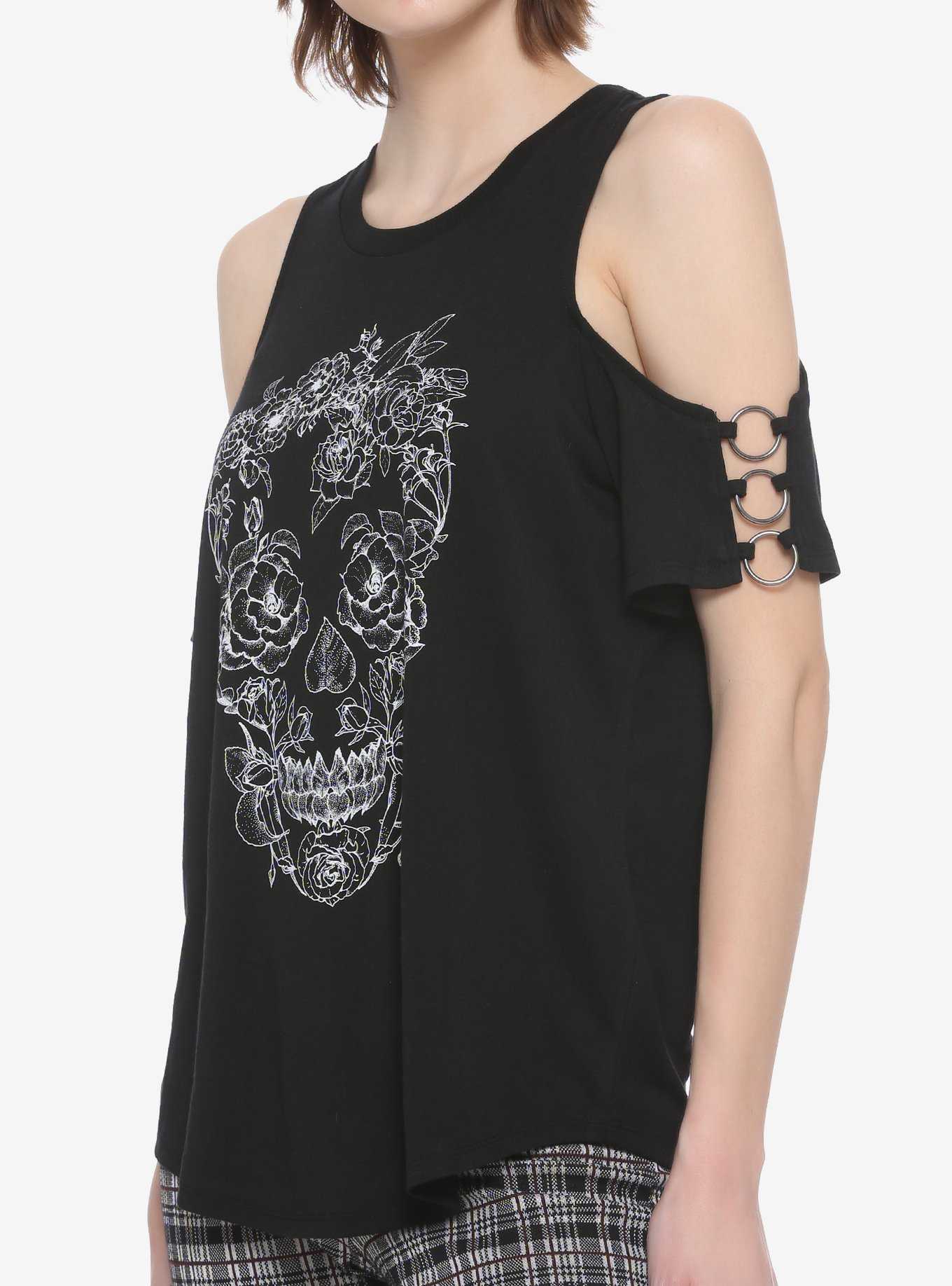 Floral Skull O-Ring Cold Shoulder Girls Top, , hi-res