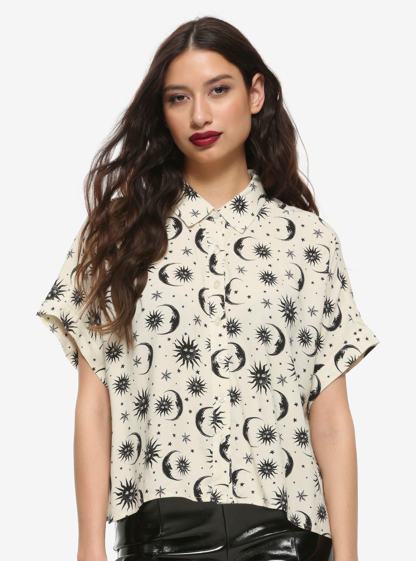 Cream & Black Celestial Girls Oversized Crop Button-Up, BLACK, hi-res