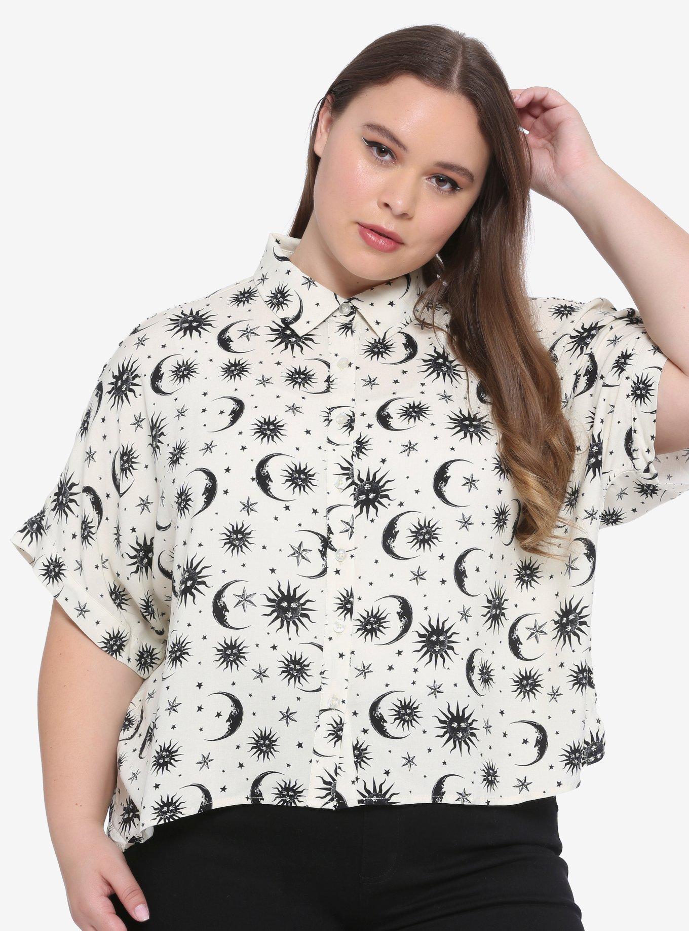 Cream & Black Celestial Girls Oversized Crop Button-Up Plus Size, BLACK, hi-res