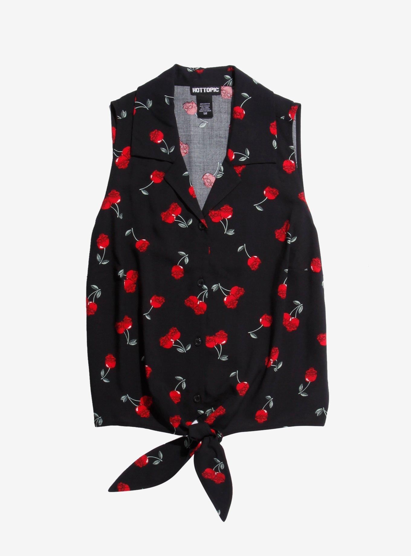 Cherry Skull Tie-Front Girls Woven Tank Top, RED, hi-res