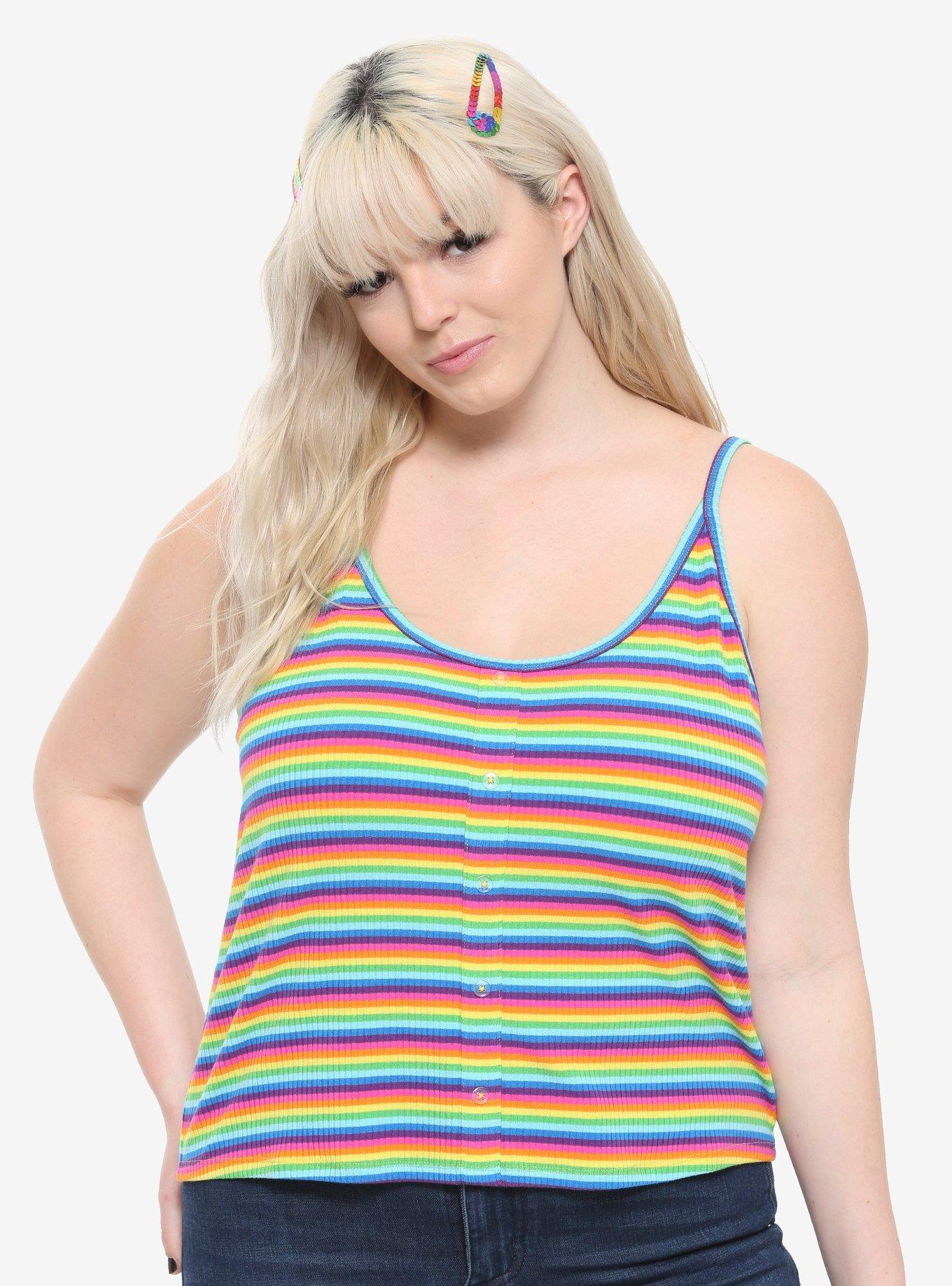 Rainbow Stripe Girls Strappy Tank Top Plus Size, RAINBOW, hi-res