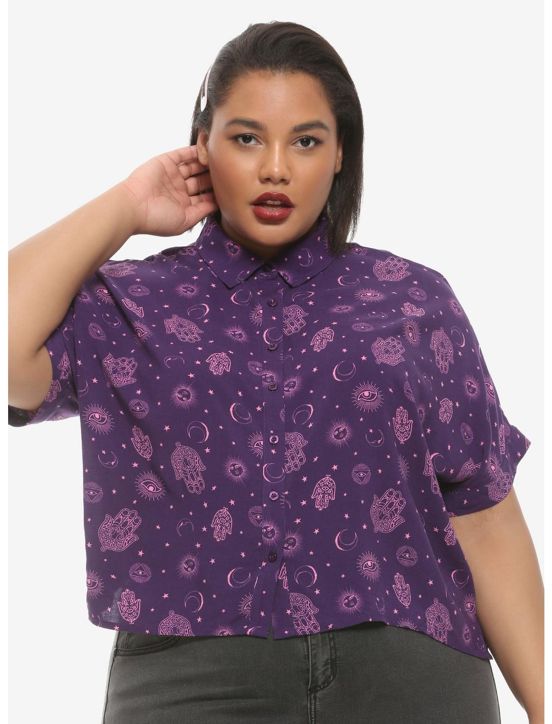 Purple Celestial Hamsa Girls Crop Button-Up, PINK, hi-res