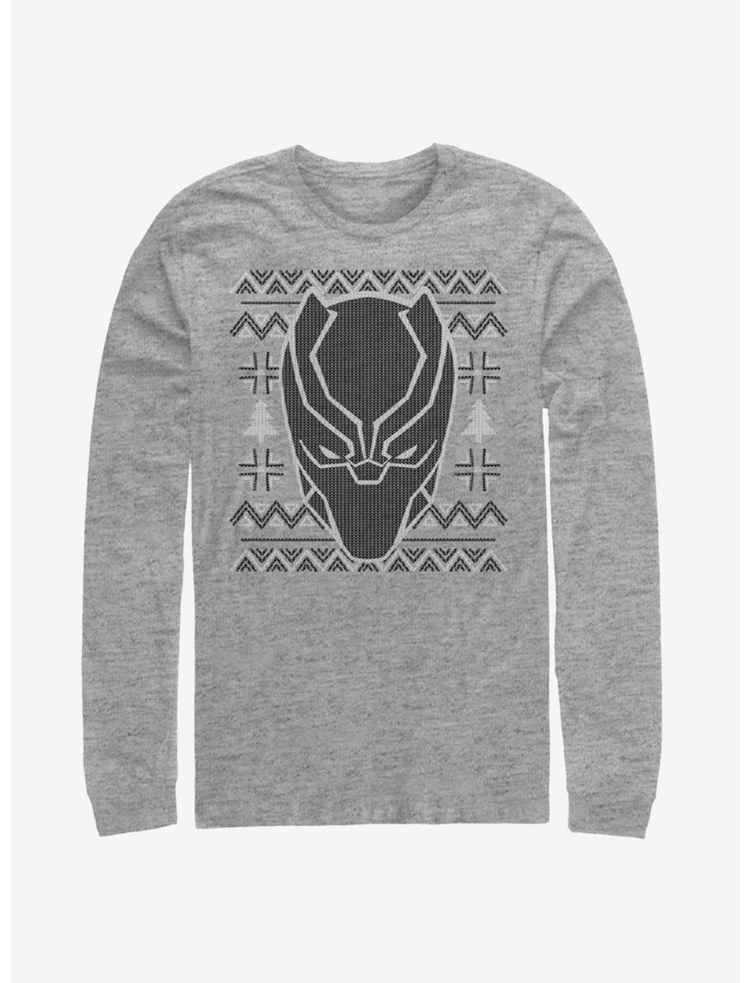 Marvel Black Panther Mask Icon Christmas Pattern Long Sleeve T-Shirt, ATH HTR, hi-res