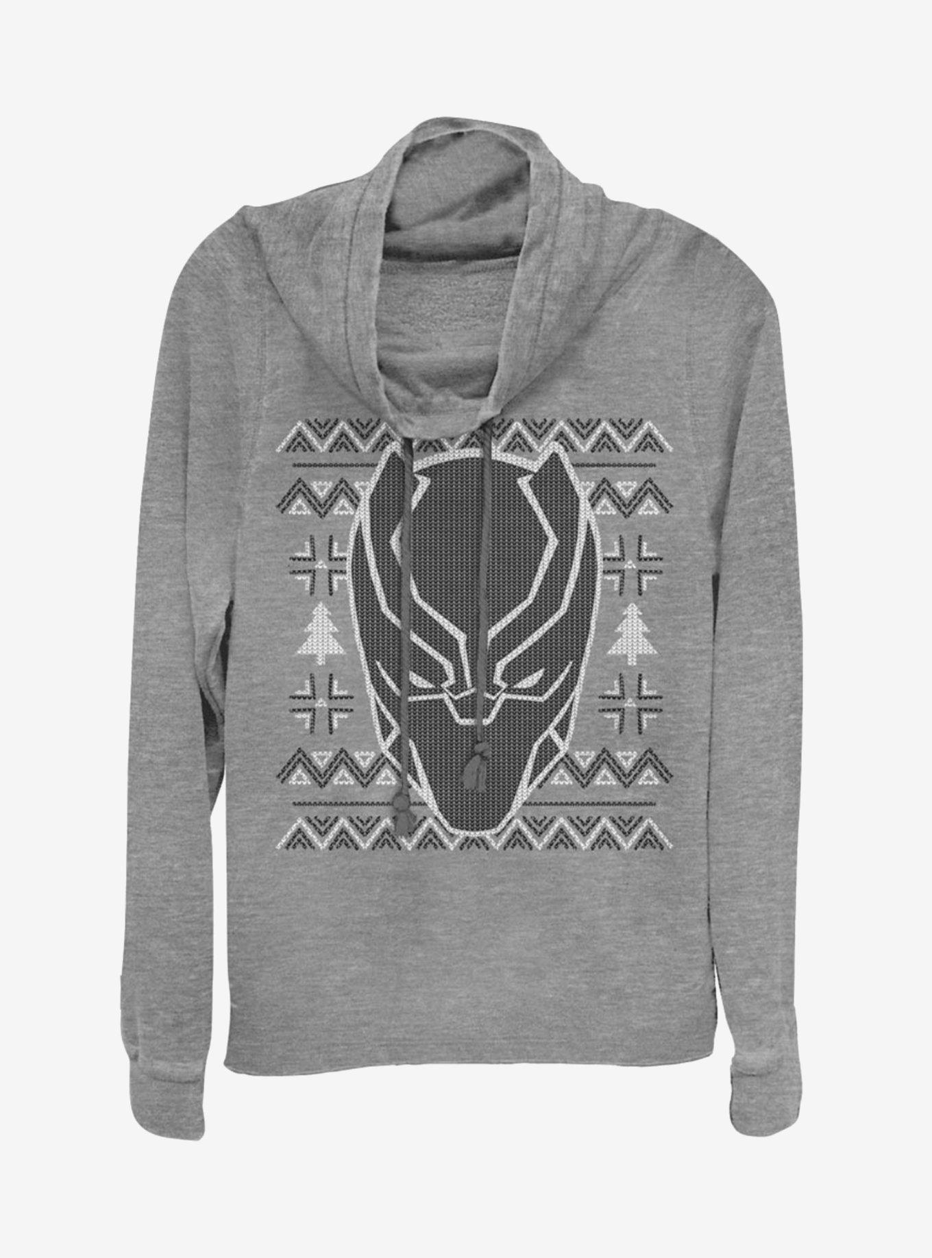 Marvel Black Panther Mask Icon Christmas Pattern Cowlneck Long-Sleeve Womens Top, , hi-res