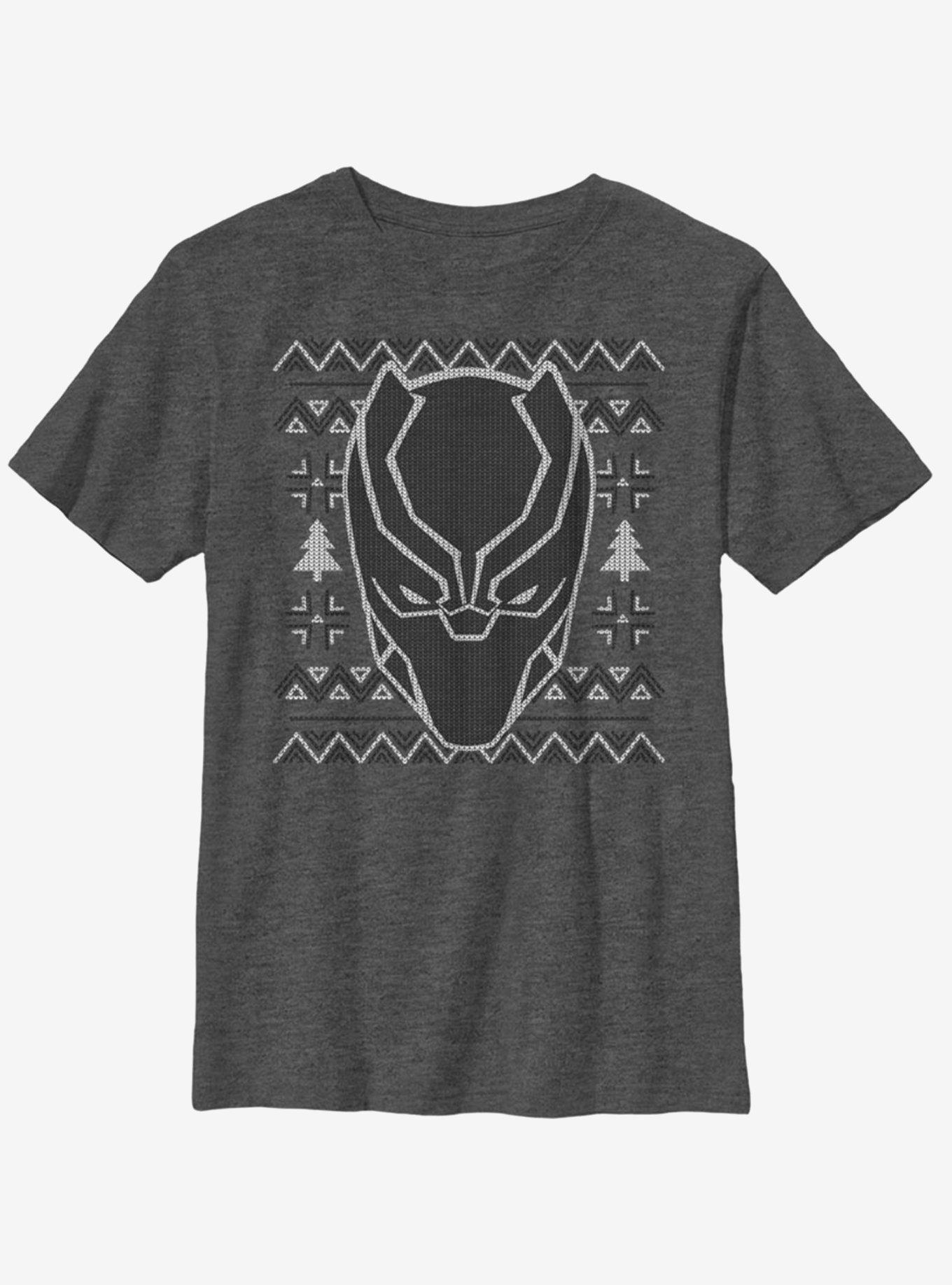 Marvel Black Panther Mask Icon Christmas Pattern Youth T-Shirt, , hi-res