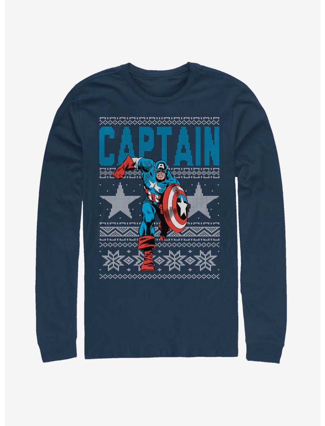 Marvel Captain America Action Christmas Pattern Long-Sleeve T-Shirt, NAVY, hi-res