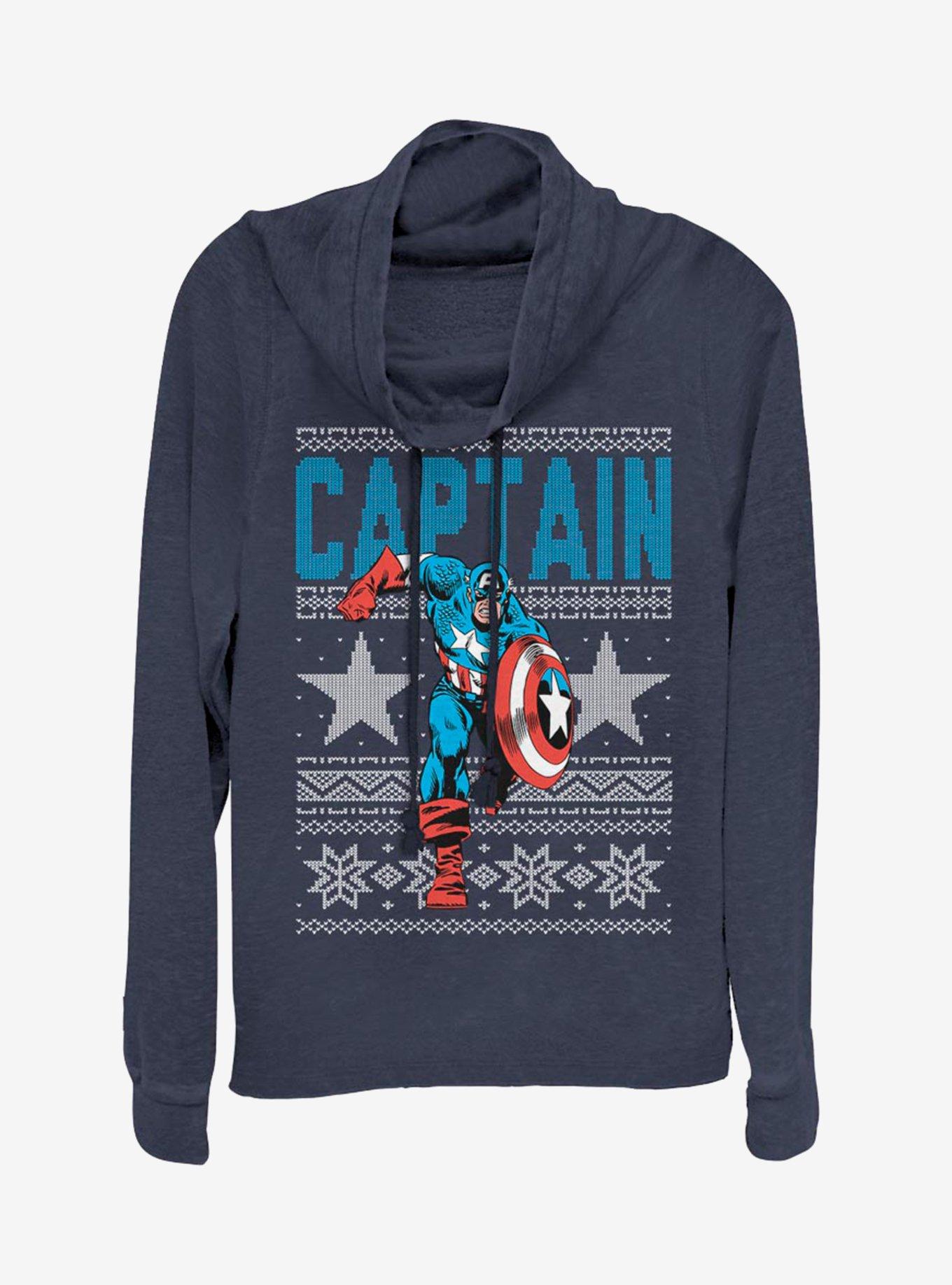 Marvel Captain America Action Christmas Pattern Cowlneck Long-Sleeve Womens Top, , hi-res