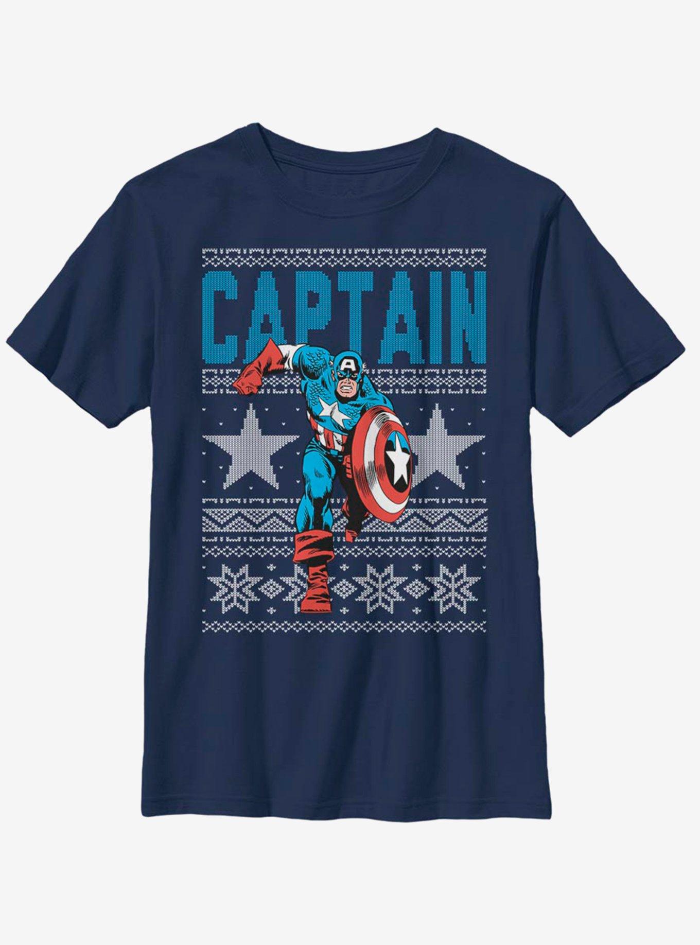 Marvel Captain America Action Christmas Pattern Youth T-Shirt, NAVY, hi-res
