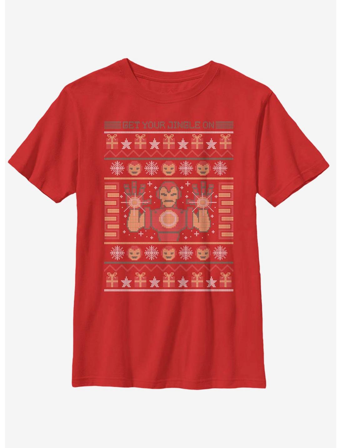 Marvel Iron Man Pixel Christmas Pattern Youth T-Shirt, RED, hi-res