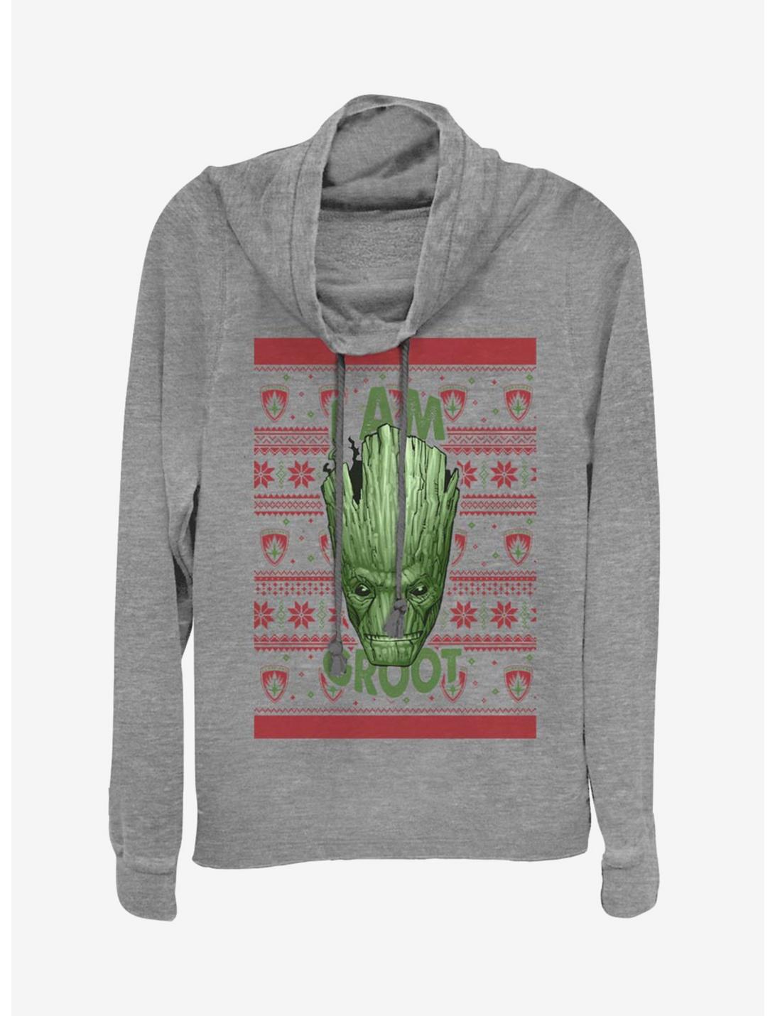 Marvel Guardians Of The Galaxy Groot Christmas Pattern Cowlneck Long-Sleeve Womens Top, GRAY HTR, hi-res
