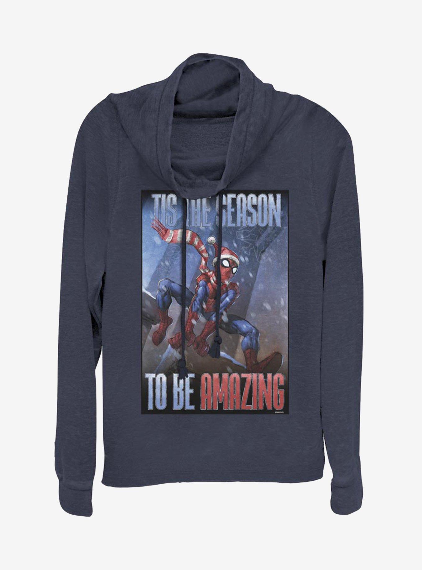 Marvel Spider-Man Amazing Season Spider Cowlneck Long-Sleeve Womens Top, NAVY, hi-res