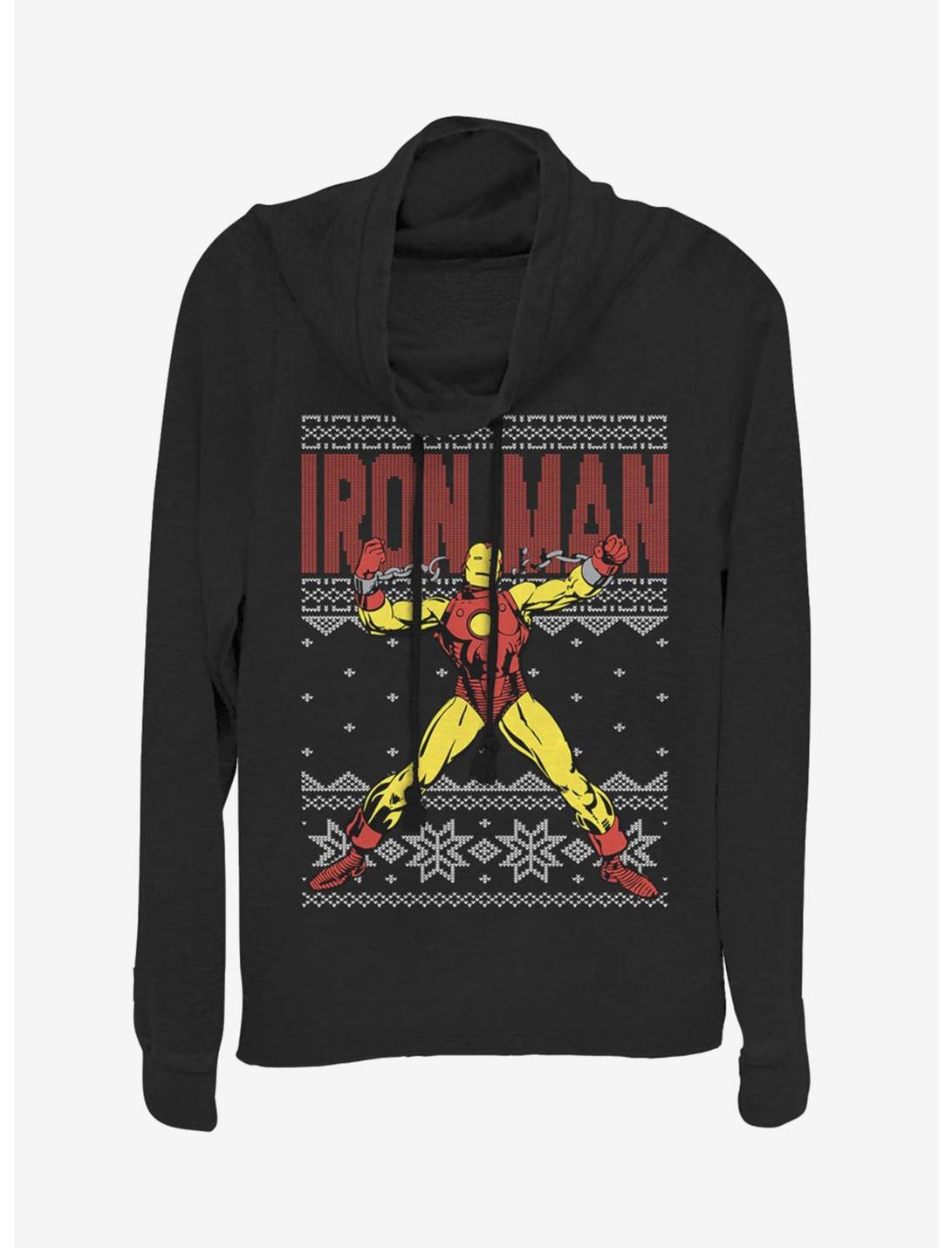 Marvel Iron Man Christmas Pattern Cowlneck Long-Sleeve Womens Top, BLACK, hi-res