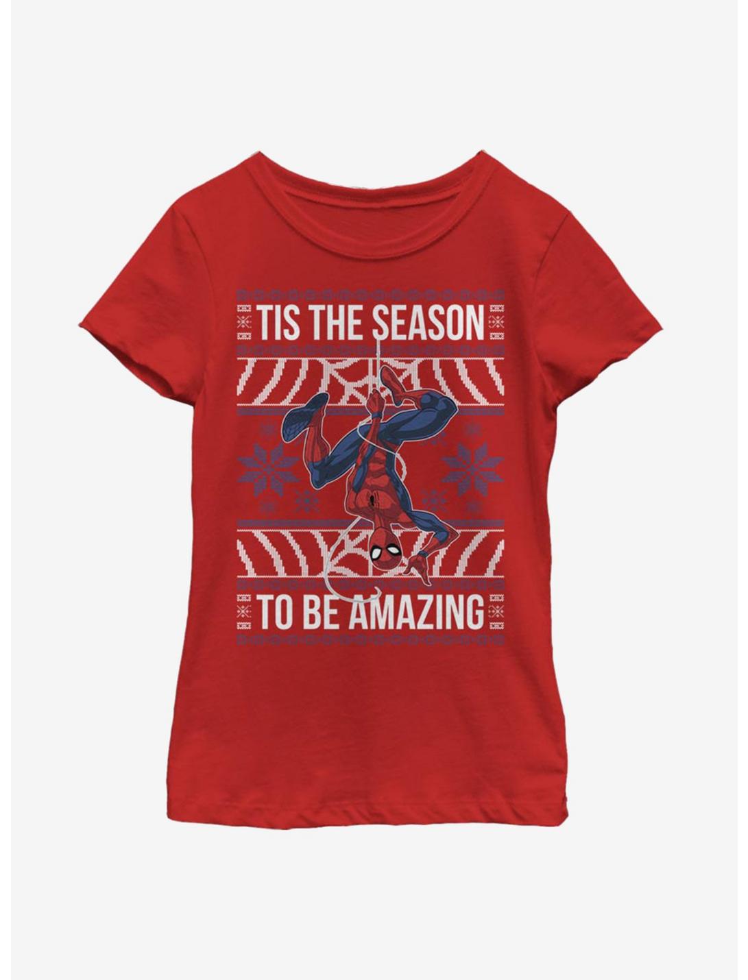 Marvel Spider-Man Amazing Christmas Pattern Youth Girls T-Shirt, RED, hi-res