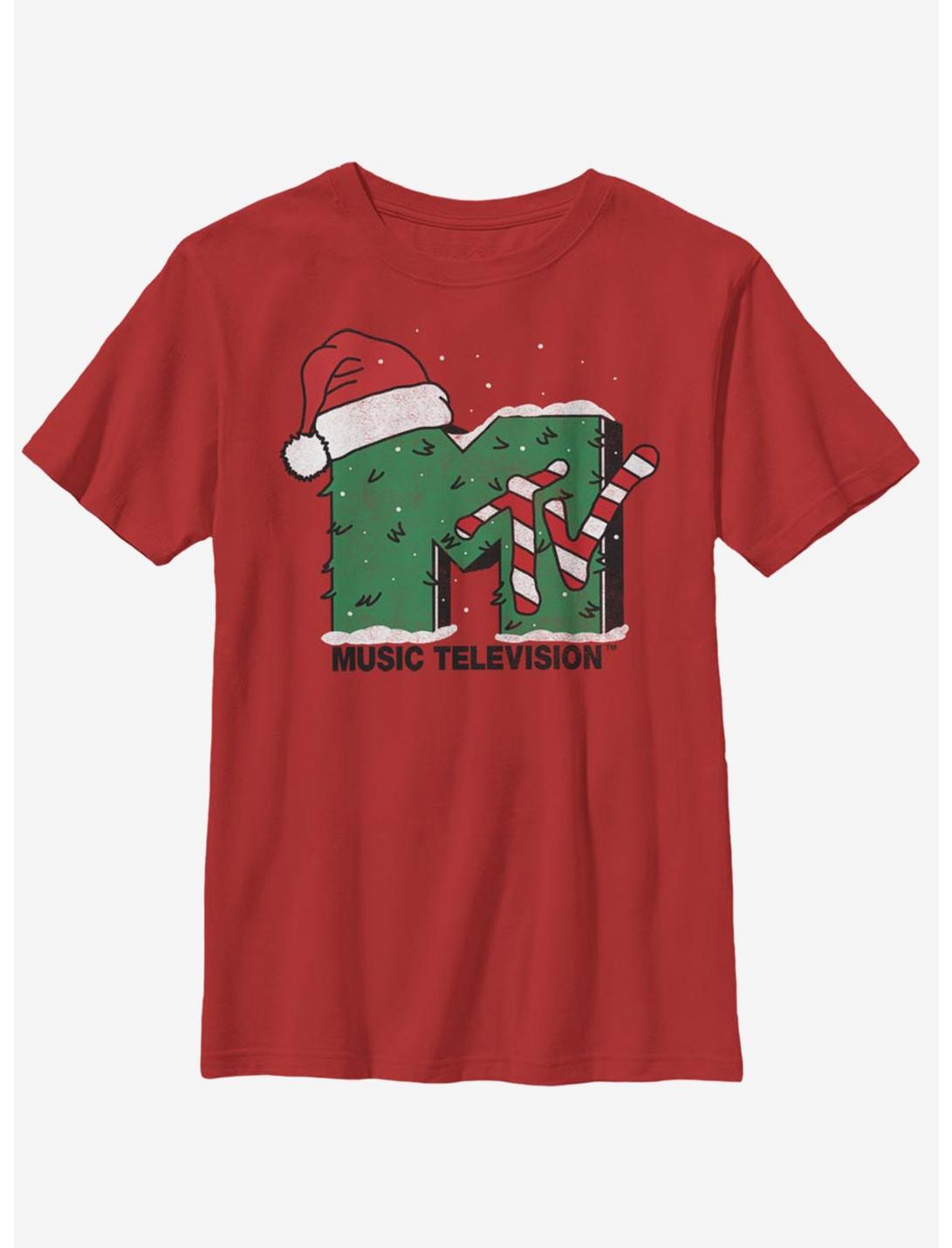 MTV Christmas Tree Snow Logo Youth T-Shirt, RED, hi-res