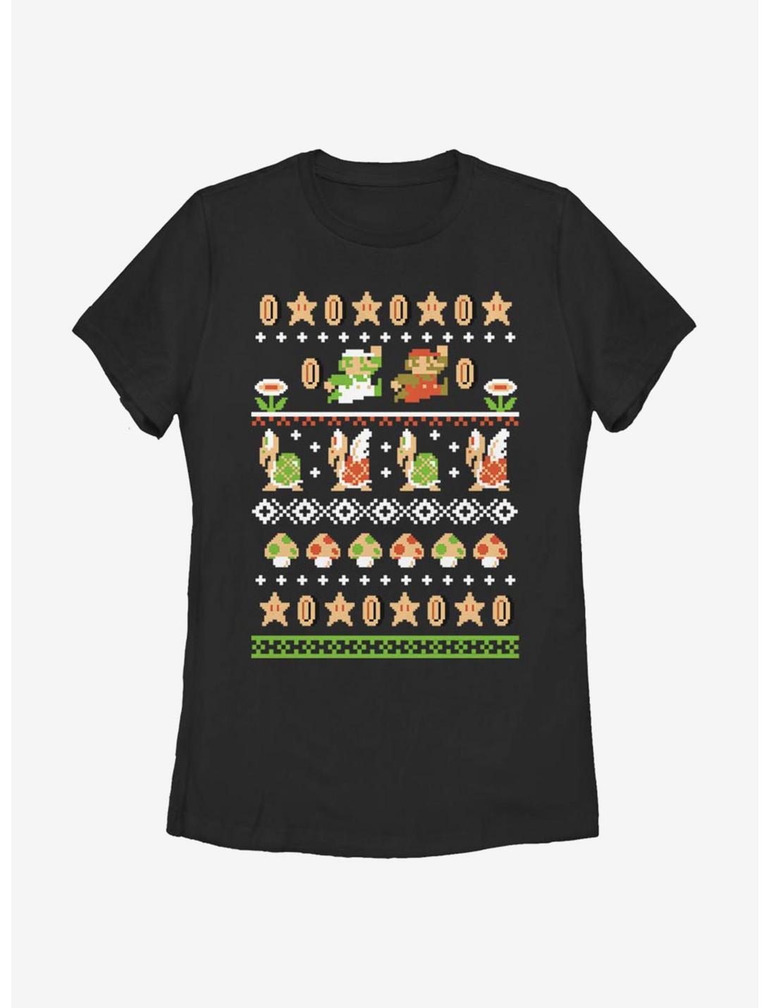 Nintendo Super Mario Christmas Pattern Womens T-Shirt, BLACK, hi-res
