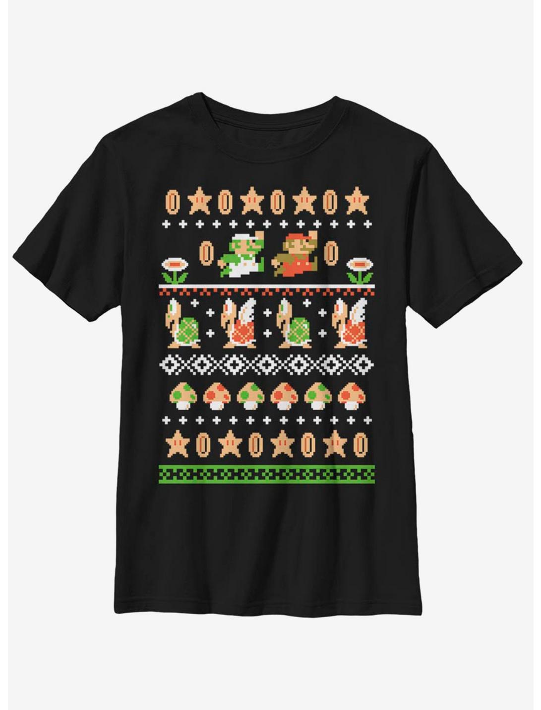 Nintendo Super Mario Christmas Pattern Youth T-Shirt, BLACK, hi-res