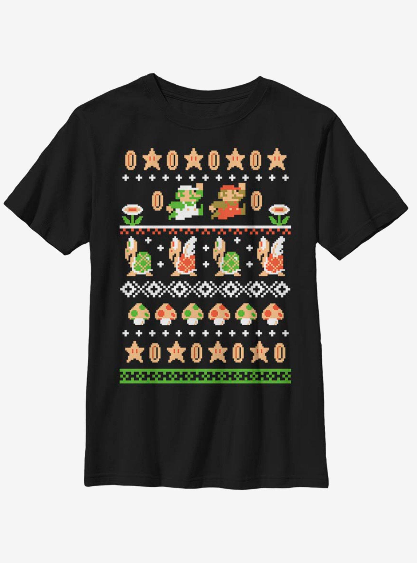 Nintendo Super Mario Christmas Pattern Youth T-Shirt, BLACK, hi-res