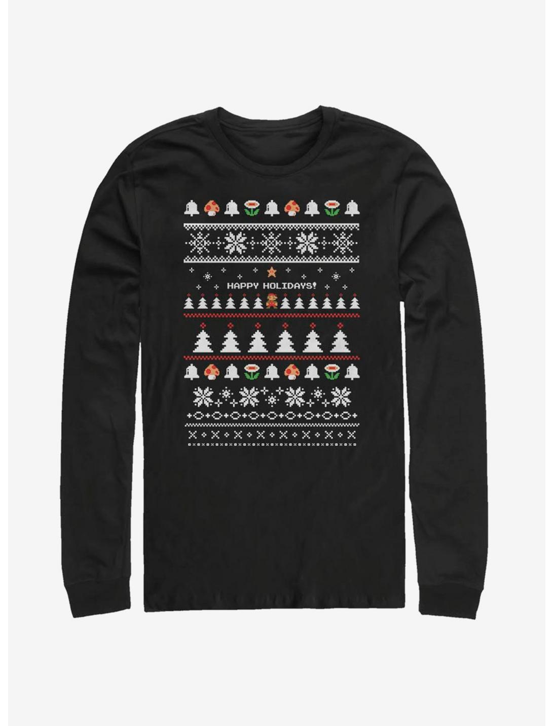 Nintendo Super Mario Happy Holidays Christmas Pattern Long-Sleeve T-Shirt, BLACK, hi-res