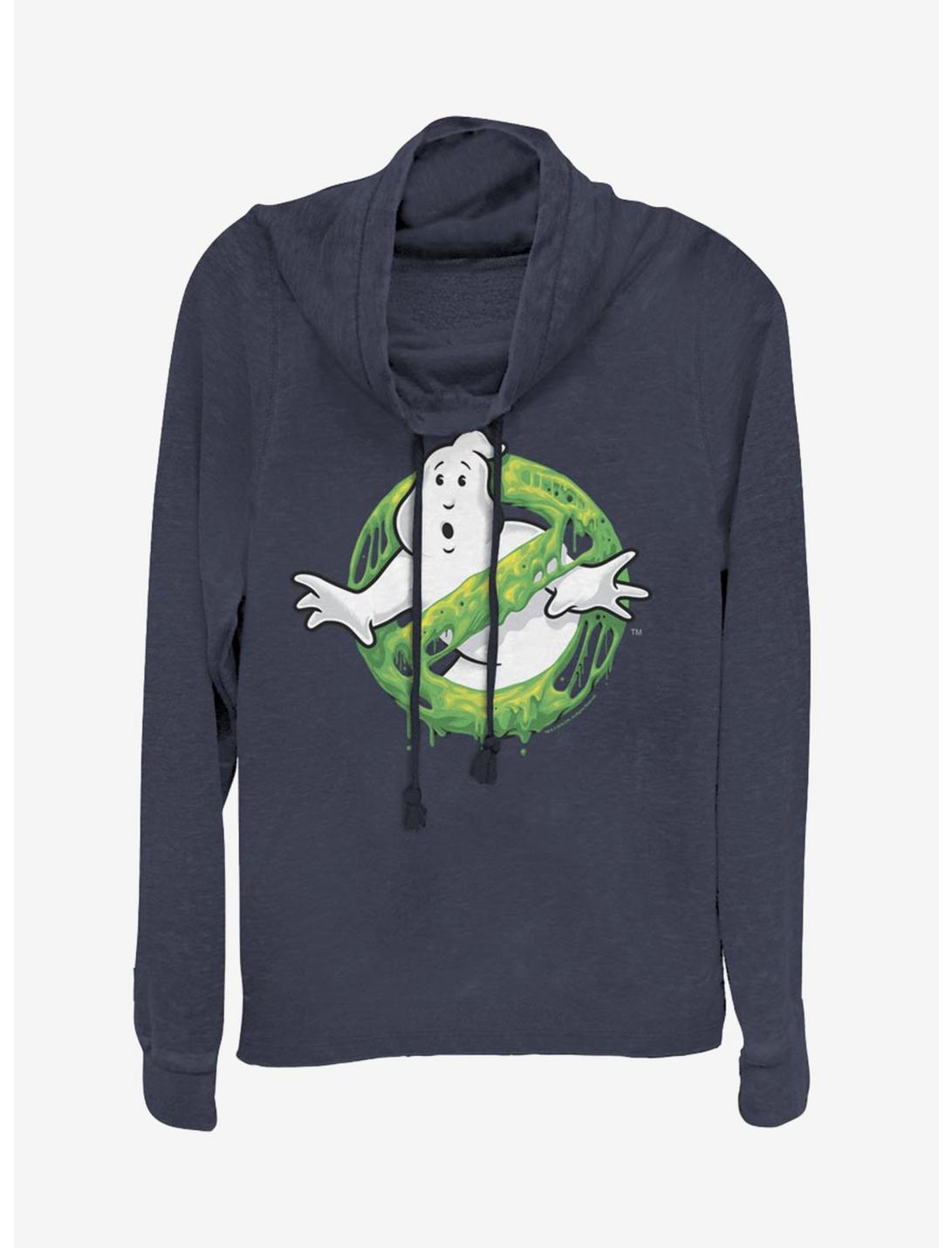 Ghostbusters Logo Green Slime Cowlneck Long-Sleeve Womens Top, NAVY, hi-res