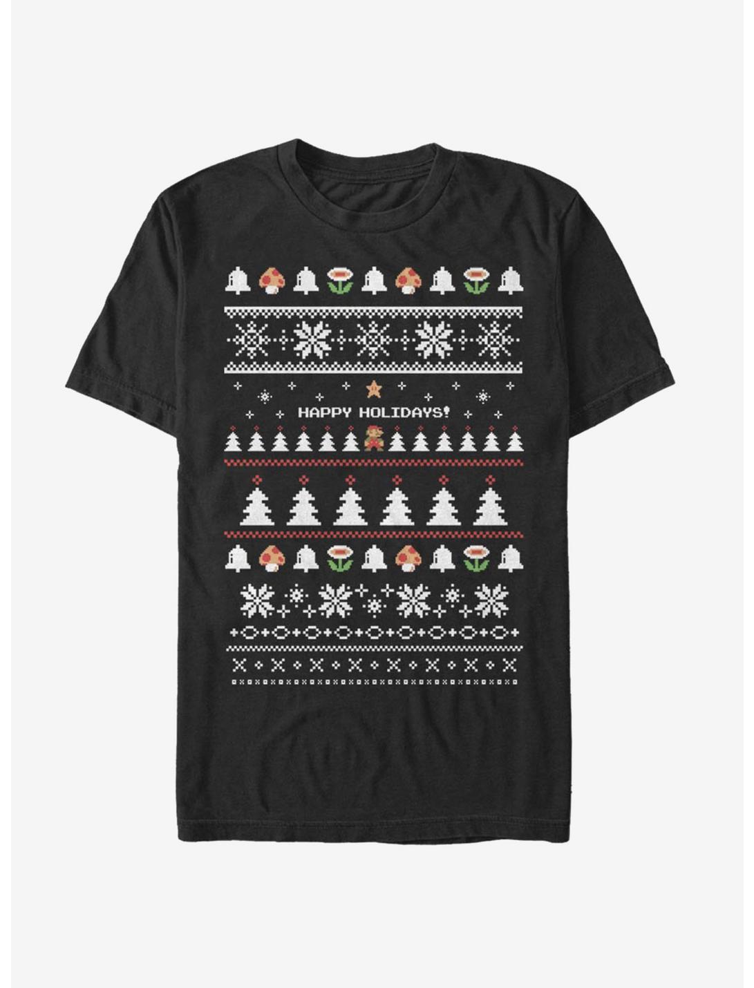 Nintendo Super Mario Happy Holidays Christmas Pattern T-Shirt, BLACK, hi-res