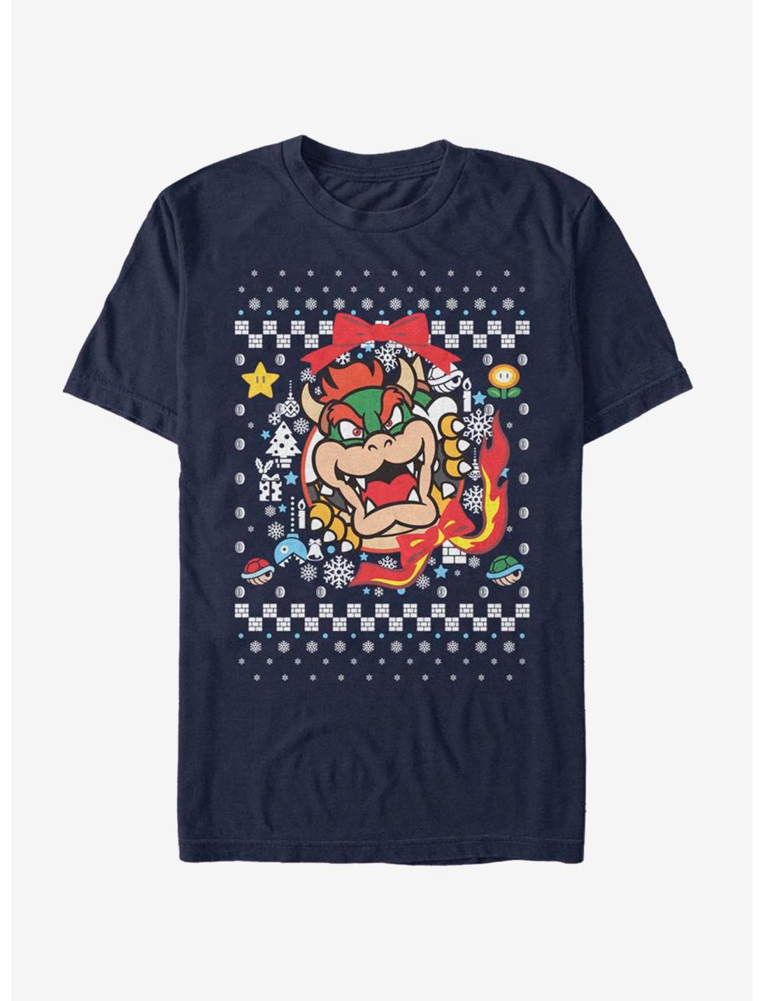 Nintendo Super Mario Wreath Bowser Christmas Pattern T-Shirt, NAVY, hi-res
