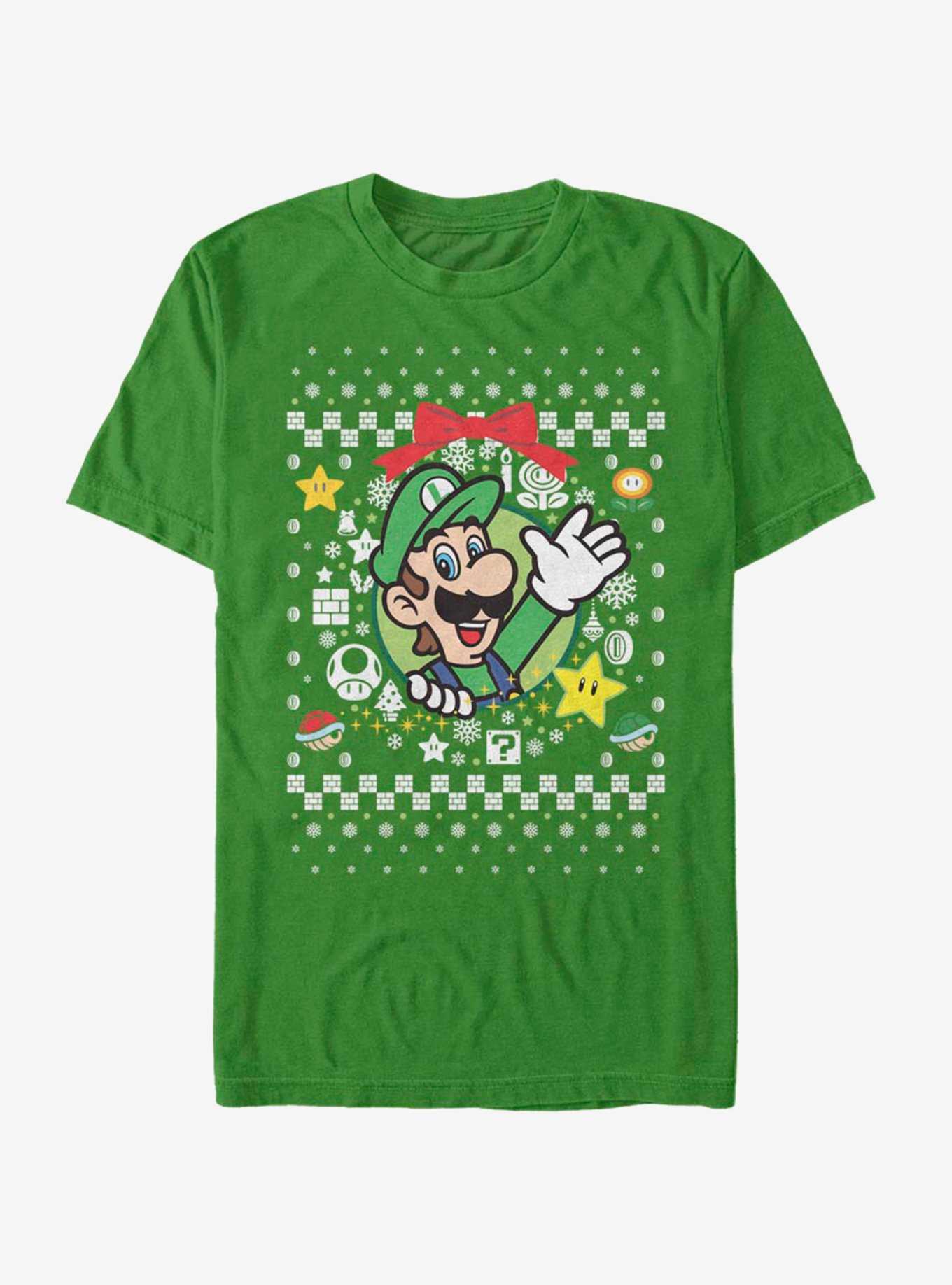 Nintendo Super Mario Wreath Luigi Christmas Pattern T-Shirt, , hi-res