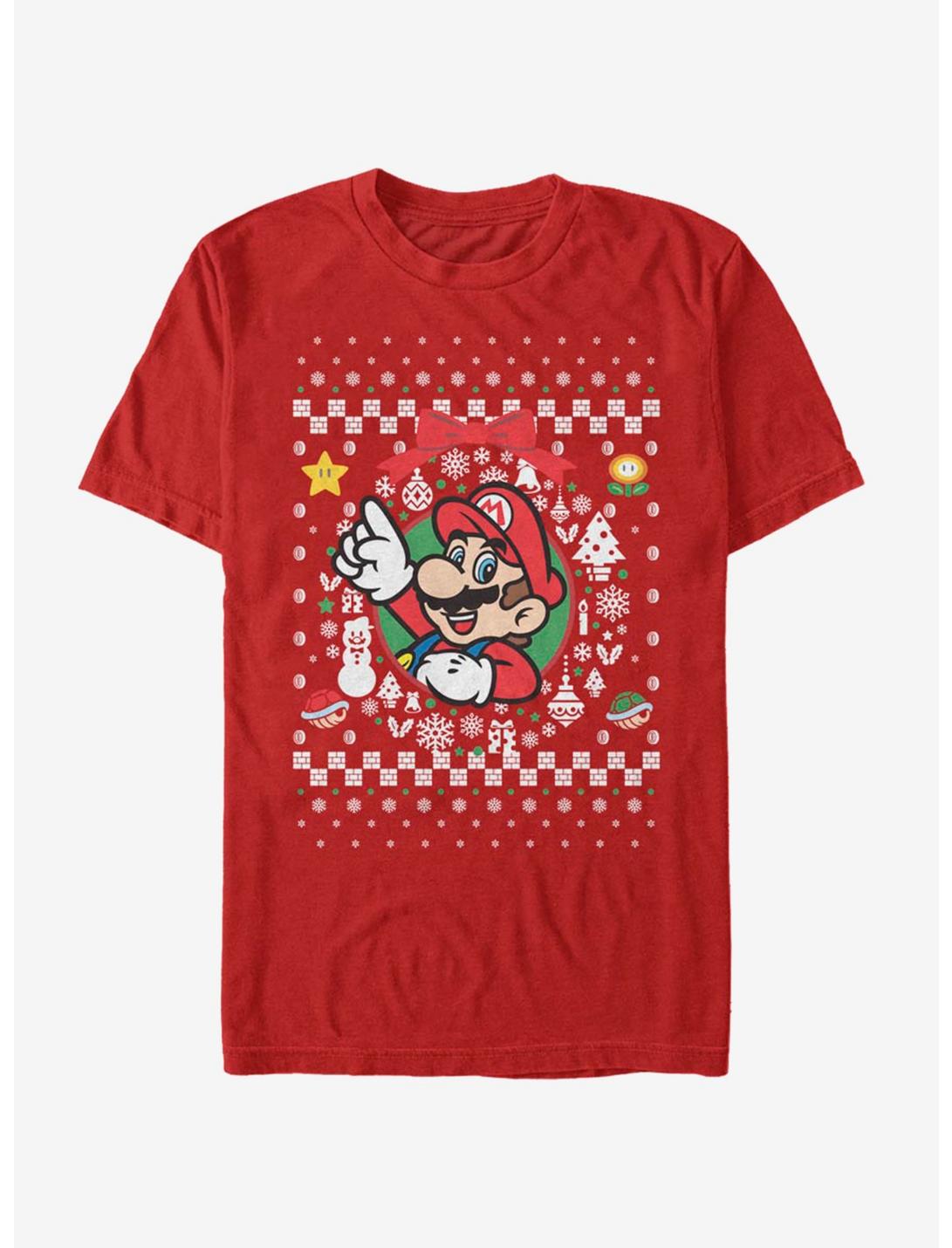 Nintendo Super Mario Wreath Mario Christmas Pattern T-Shirt, RED, hi-res