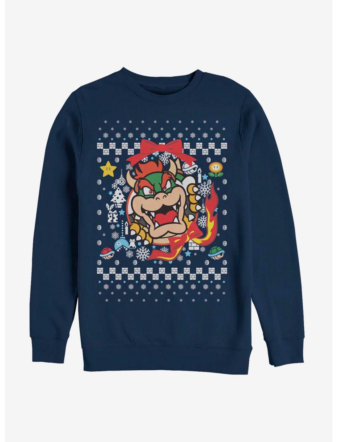 Nintendo Super Mario Wreath Bowser Christmas Pattern Sweatshirt, NAVY, hi-res