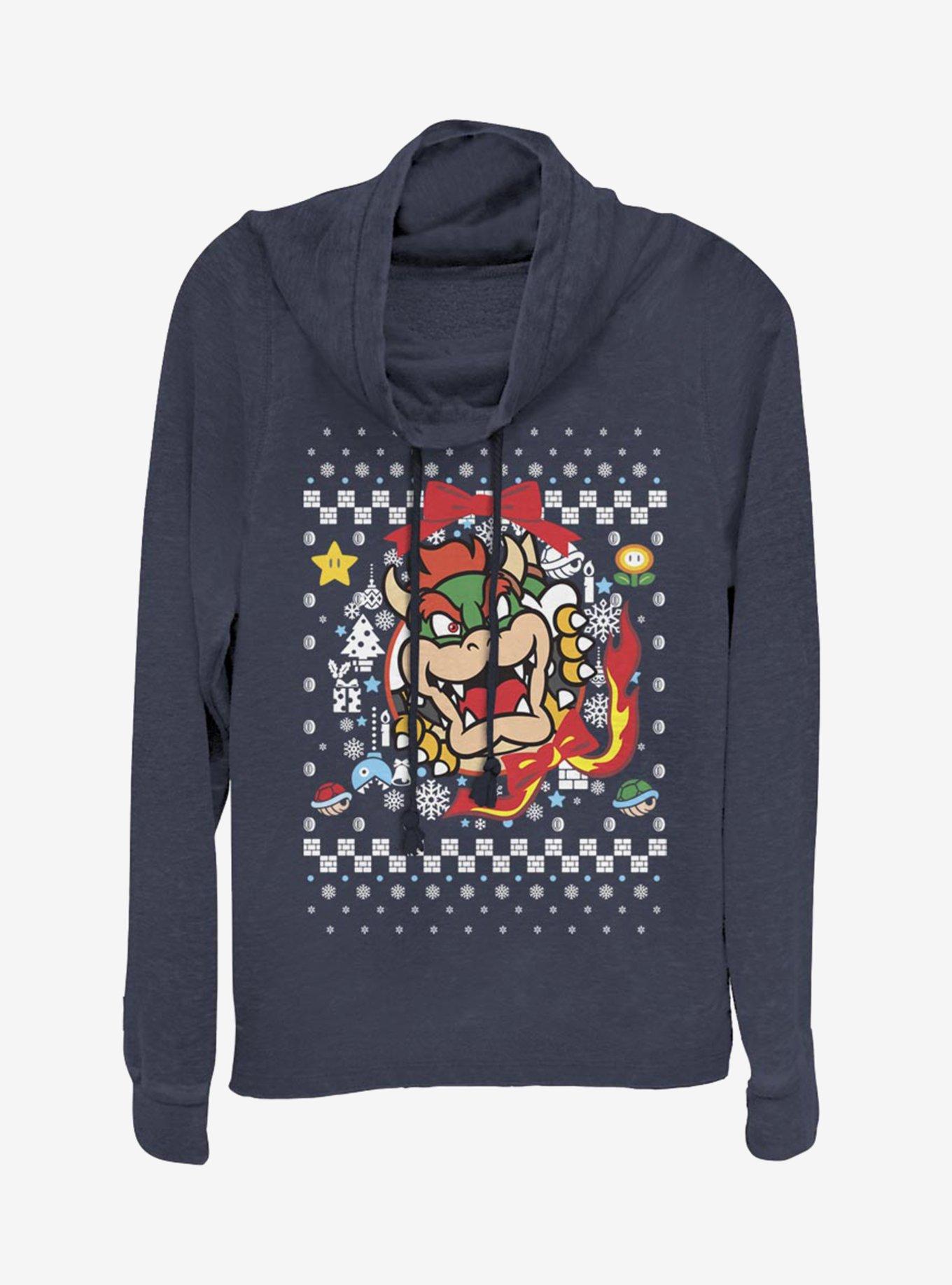 Nintendo Super Mario Wreath Bowser Christmas Pattern Cowlneck Long-Sleeve Womens Top, , hi-res