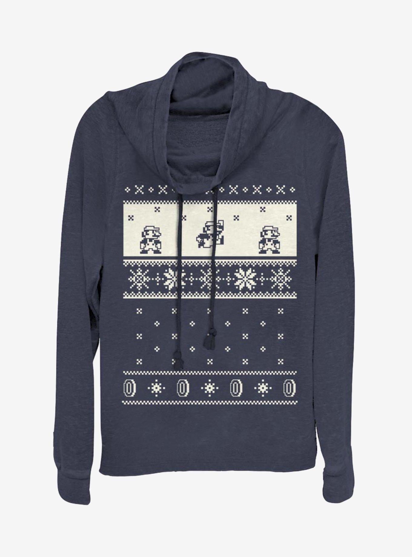 Nintendo Super Mario Pixel Retro Christmas Pattern Cowlneck Long-Sleeve Womens Top, , hi-res
