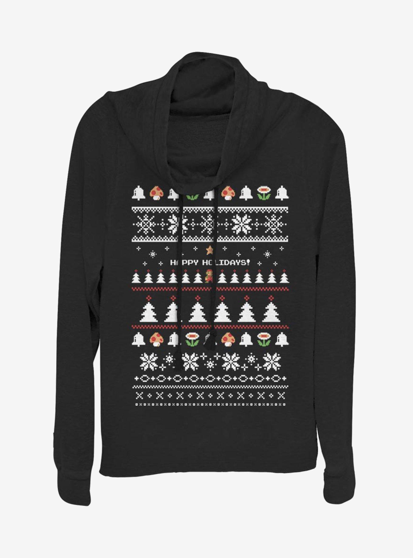 Nintendo Super Mario Happy Holidays Christmas Pattern Cowlneck Long-Sleeve Womens Top, , hi-res