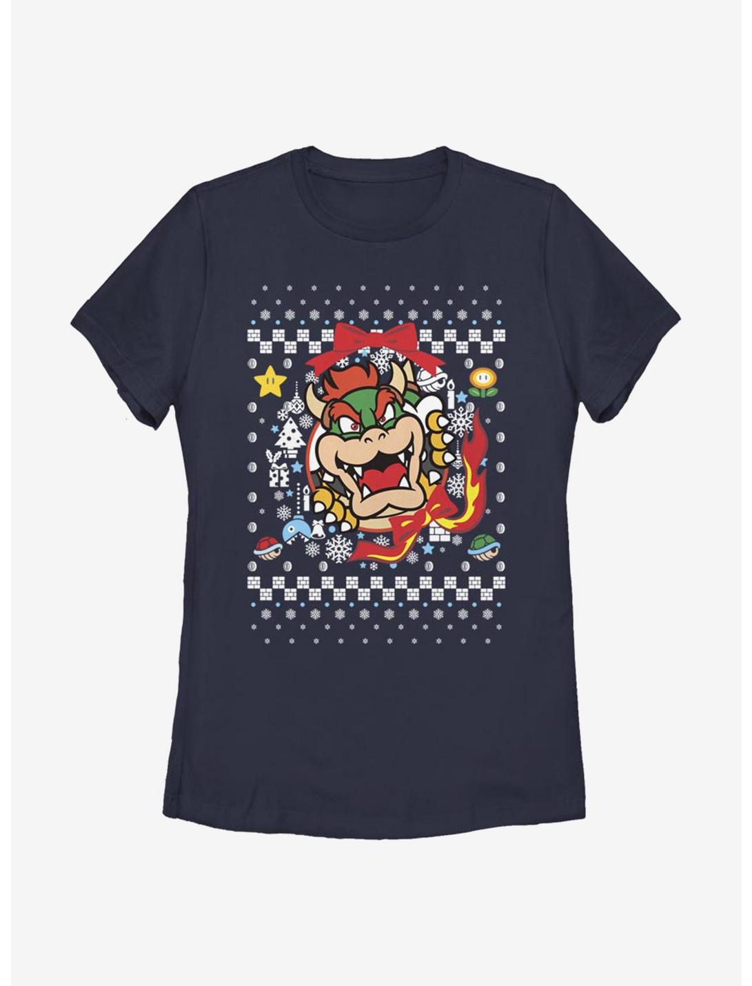 Nintendo Super Mario Wreath Bowser Christmas Pattern Womens T-Shirt, NAVY, hi-res
