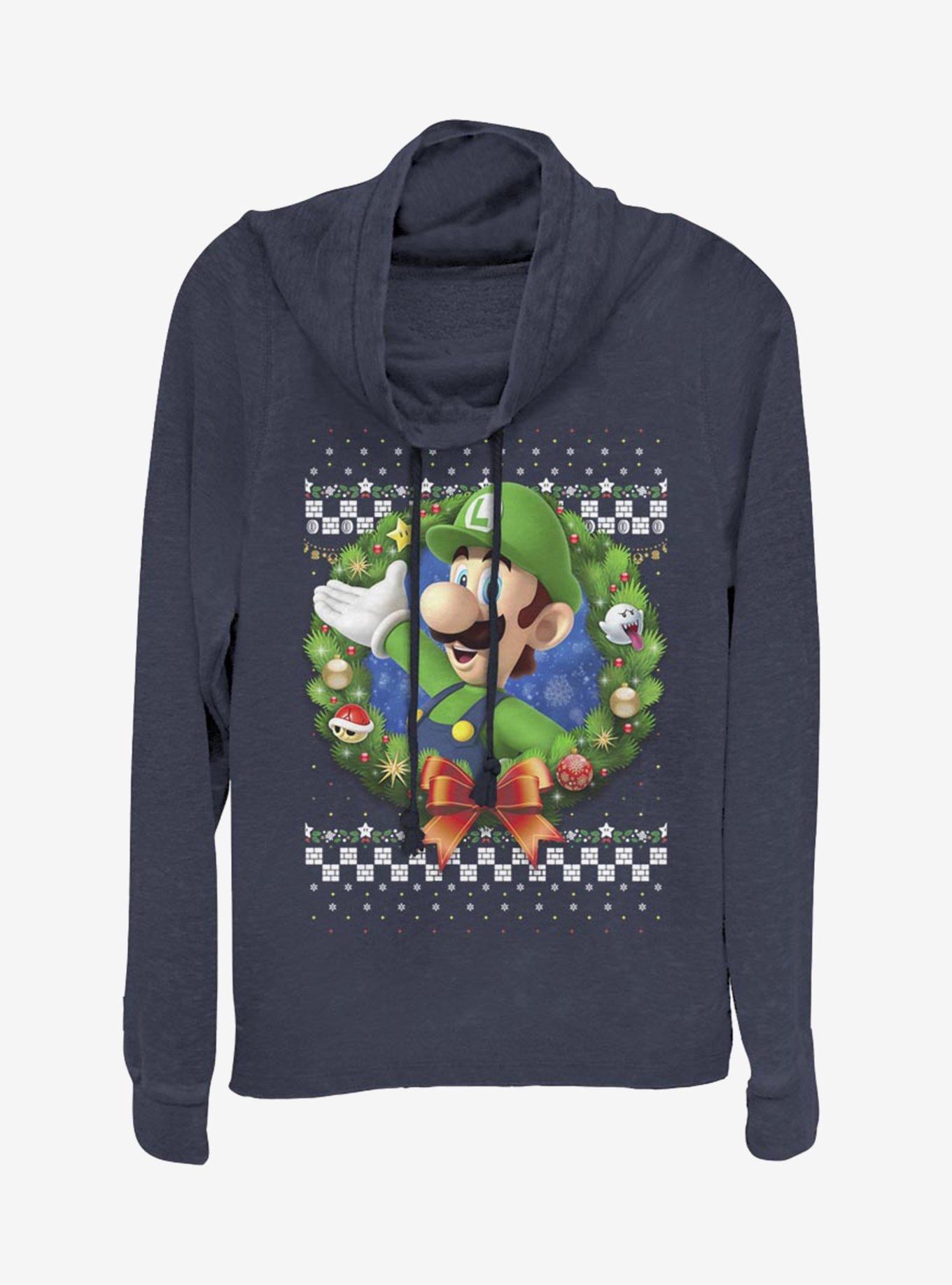 Nintendo Super Mario Wreath Luigi 3D Cowlneck Long-Sleeve Womens Top, , hi-res