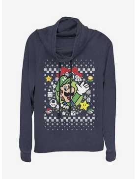 Nintendo Super Mario Wreath Luigi Christmas Pattern Cowlneck Long-Sleeve Womens Top, , hi-res