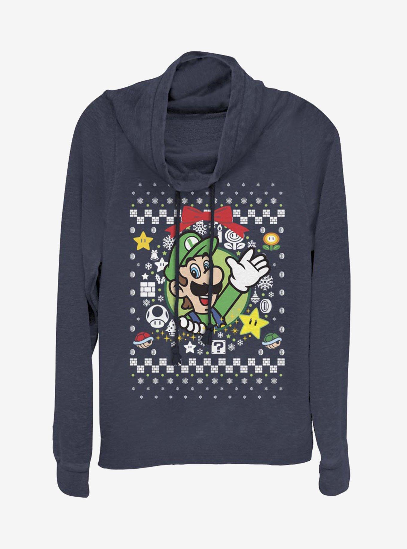 Nintendo Super Mario Wreath Luigi Christmas Pattern Cowlneck Long-Sleeve Womens Top, , hi-res