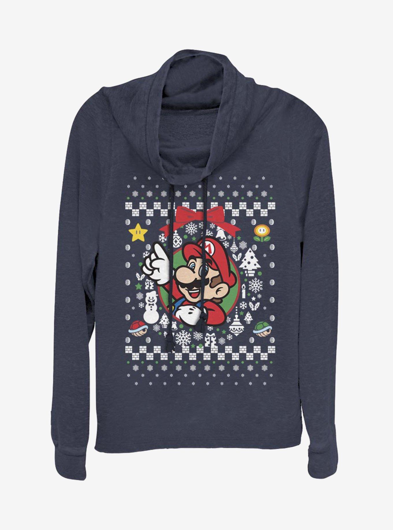 Nintendo Super Mario Wreath Mario Christmas Pattern Cowlneck Long-Sleeve Womens Top, , hi-res