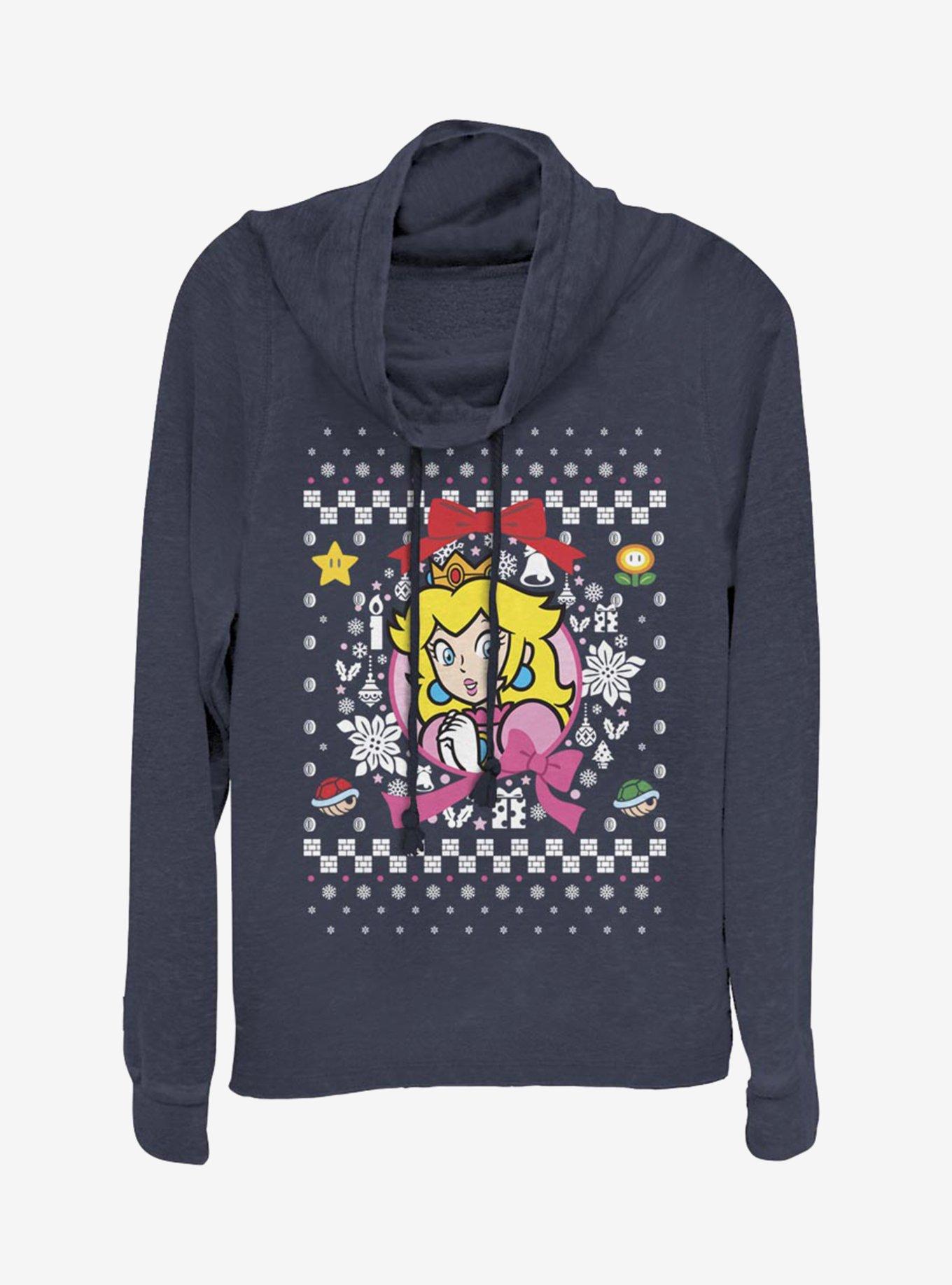 Nintendo Super Mario Wreath Princess Peach Christmas Pattern Cowlneck Long-Sleeve Womens Top, , hi-res