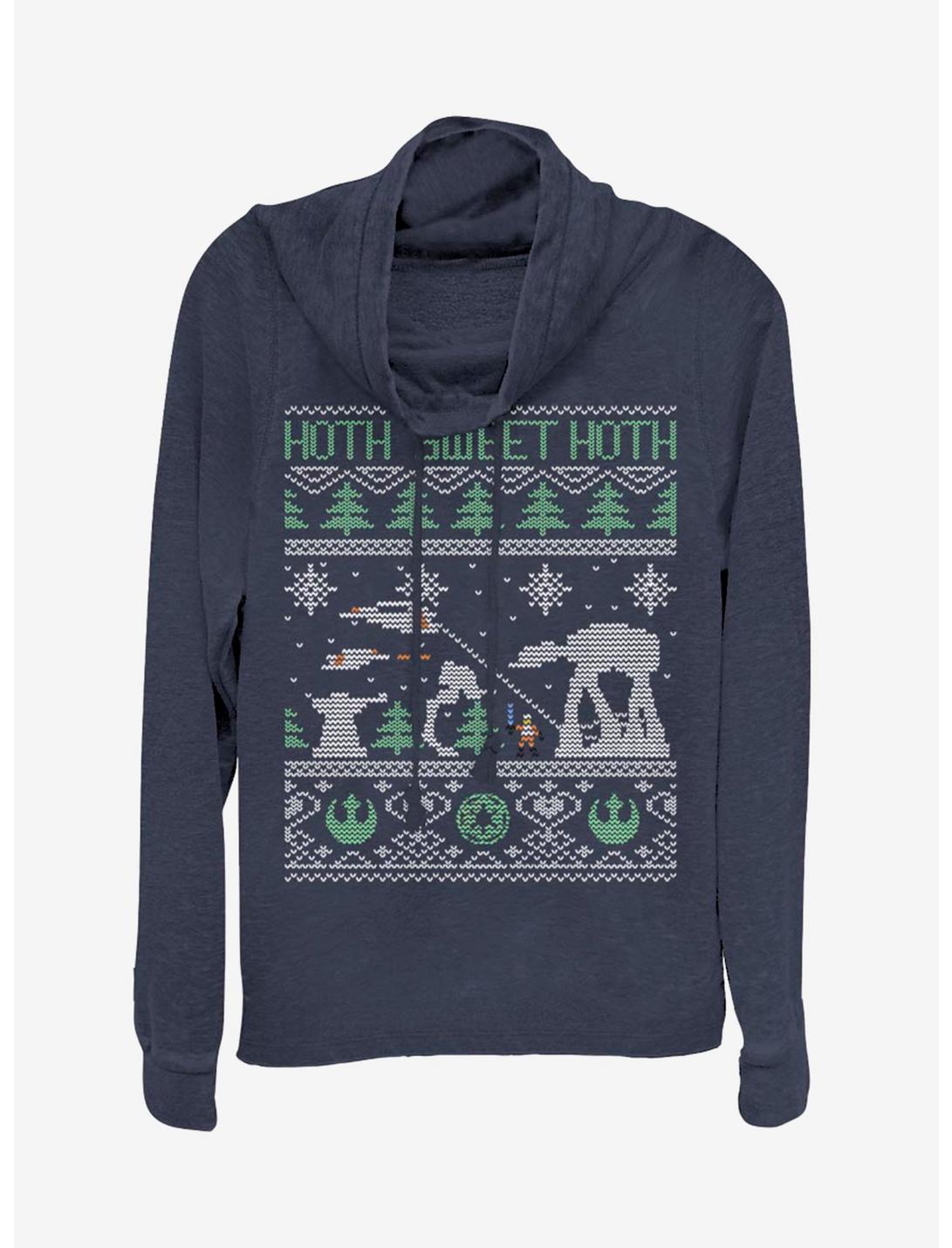 Star Wars Holiday Battle Christmas Pattern Cowlneck Long-Sleeve Womens Top, NAVY, hi-res