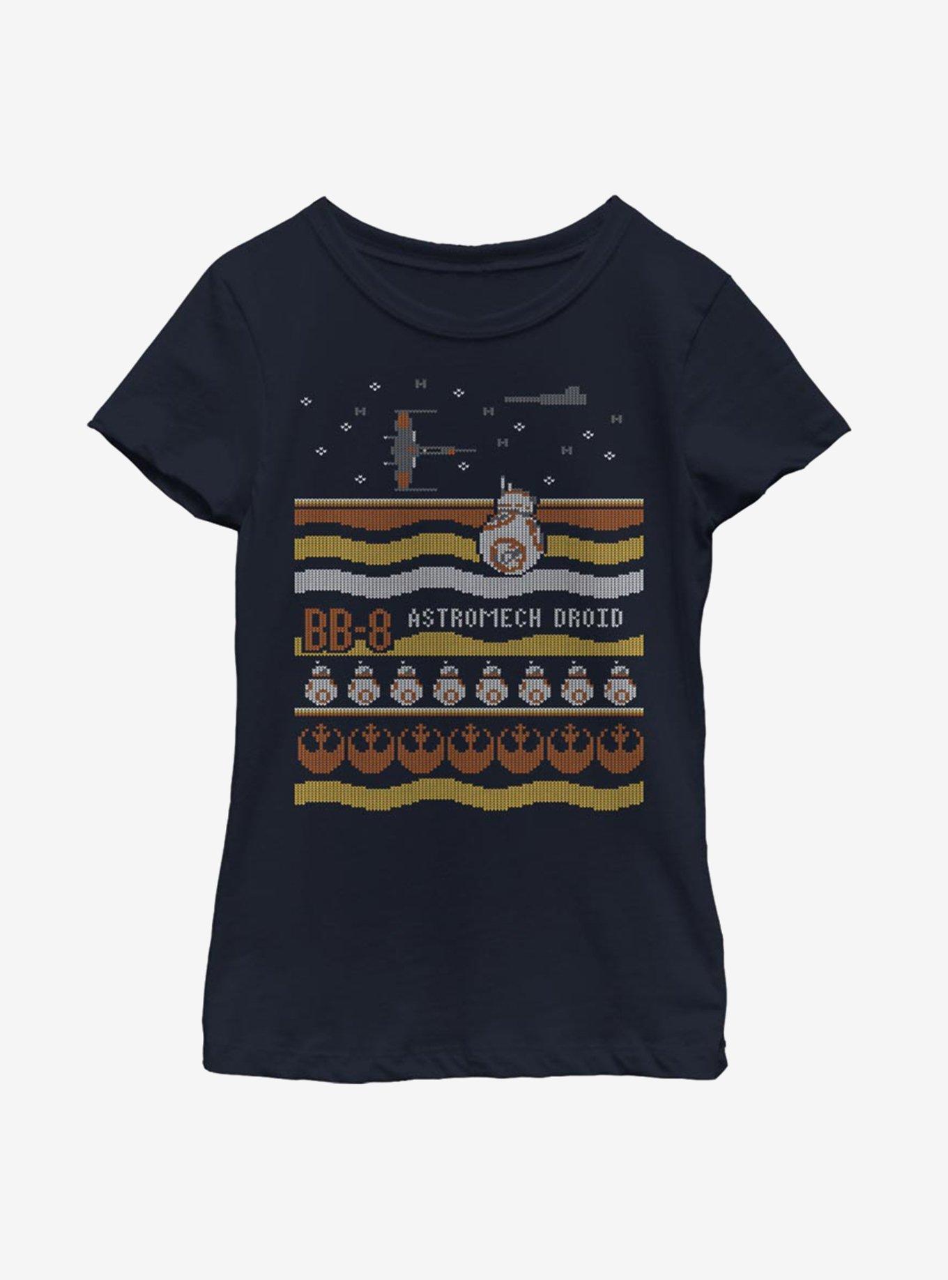 Star Wars Episode VII The Force Awakens Astromech Christmas Pattern Youth Girls T-Shirt, NAVY, hi-res