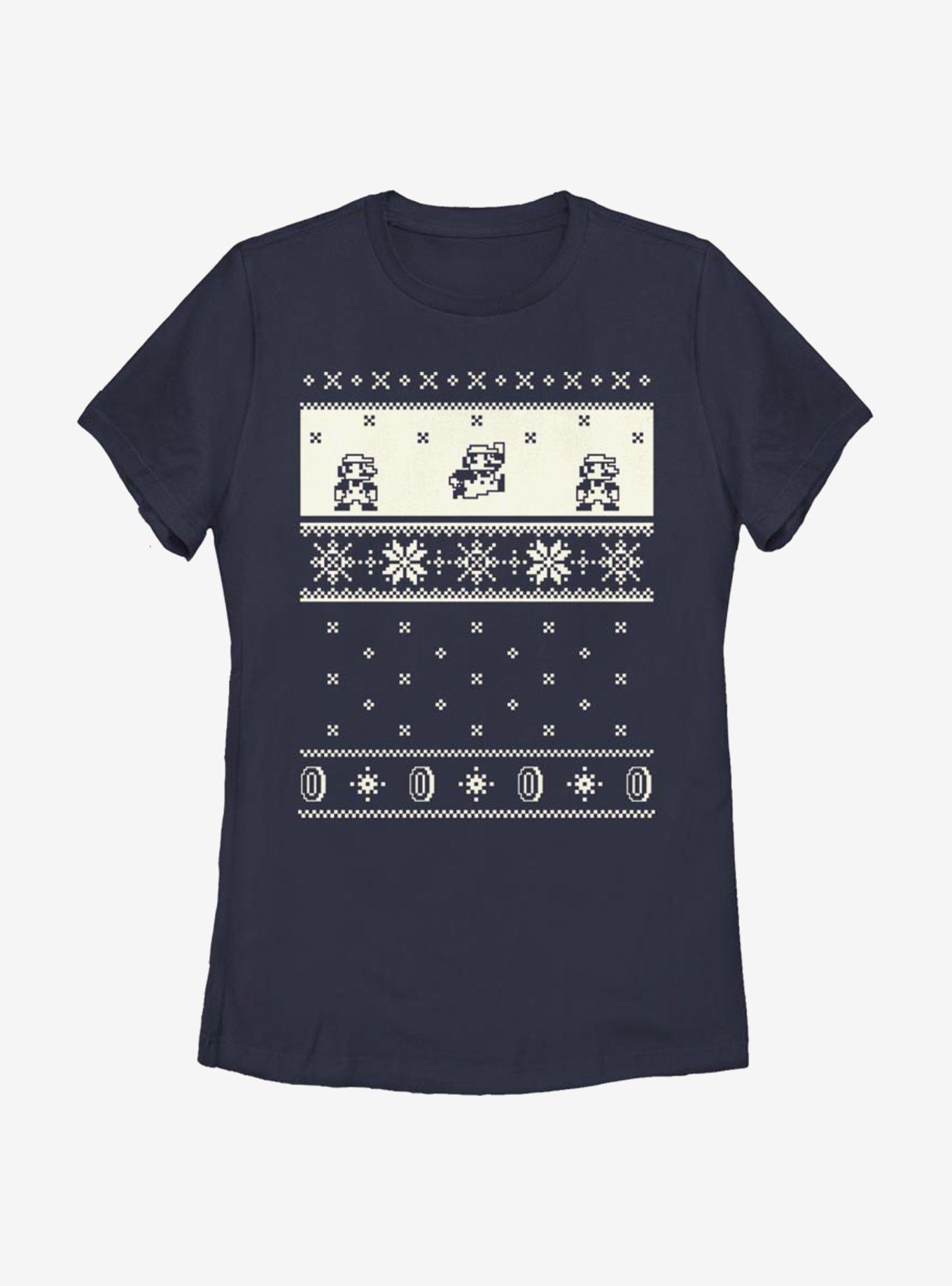 Nintendo Super Mario Pixel Retro Christmas Pattern Womens T-Shirt, NAVY, hi-res