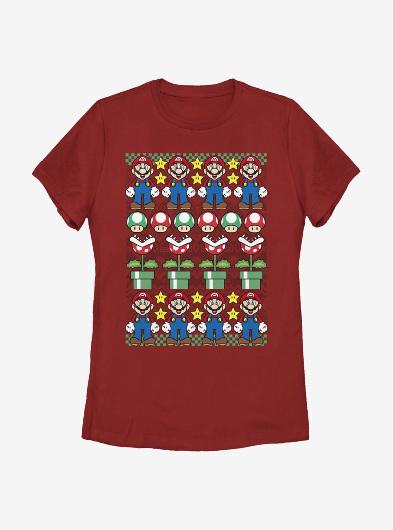 Nintendo Super Mario Christmas Pattern Womens T-Shirt, RED, hi-res