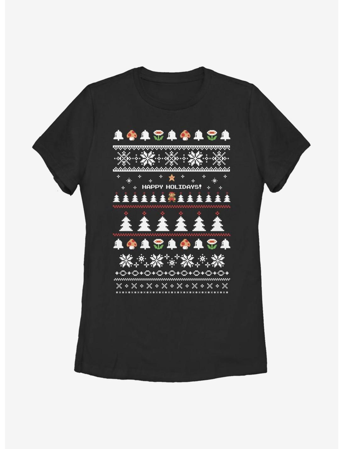 Nintendo Super Mario Happy Holidays Christmas Pattern Womens T-Shirt, BLACK, hi-res