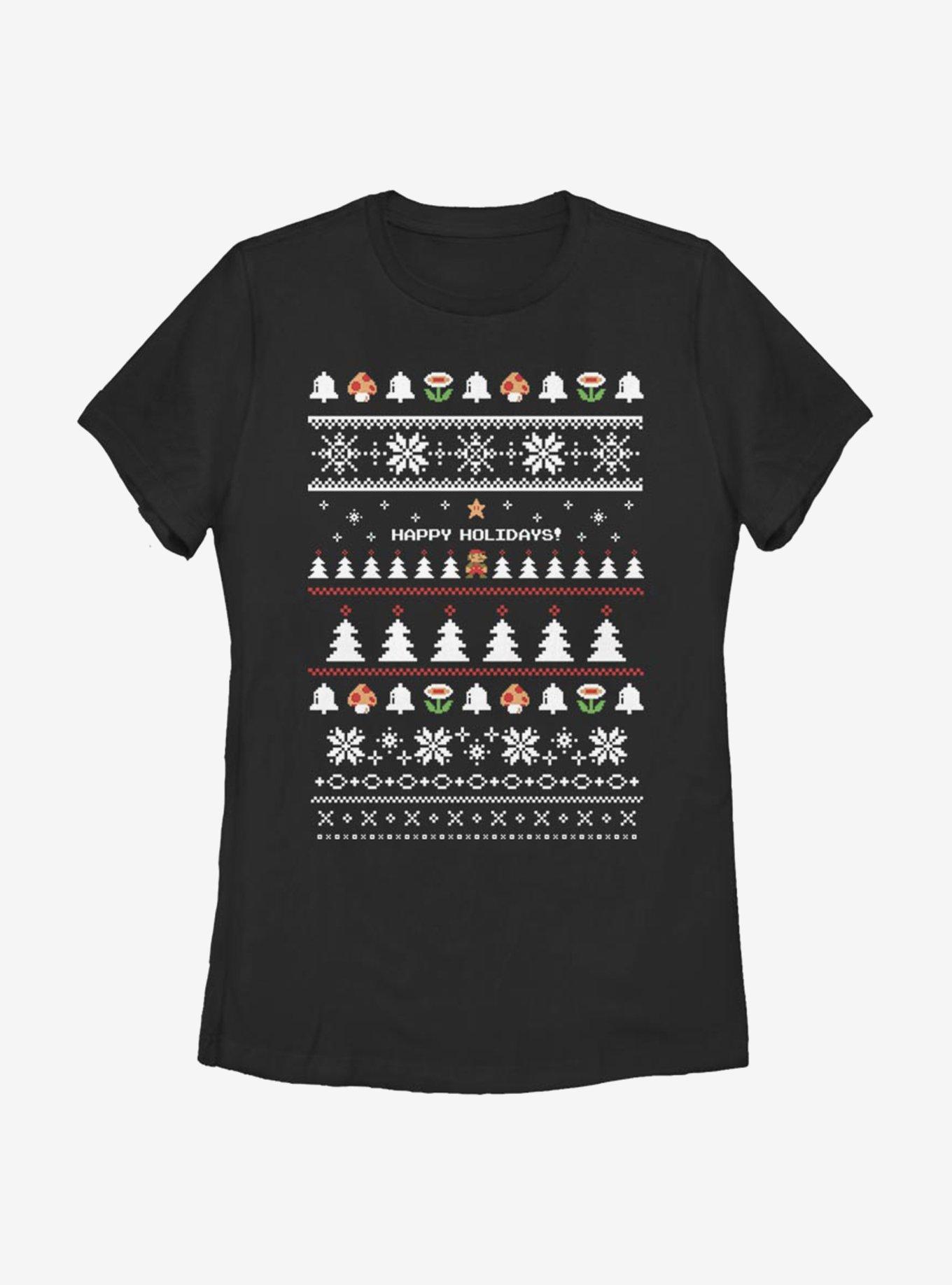 Nintendo Super Mario Happy Holidays Christmas Pattern Womens T-Shirt, , hi-res
