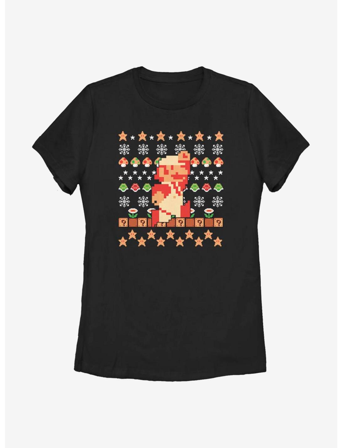 Nintendo Super Mario Retro Jump Christmas Pattern Womens T-Shirt, BLACK, hi-res