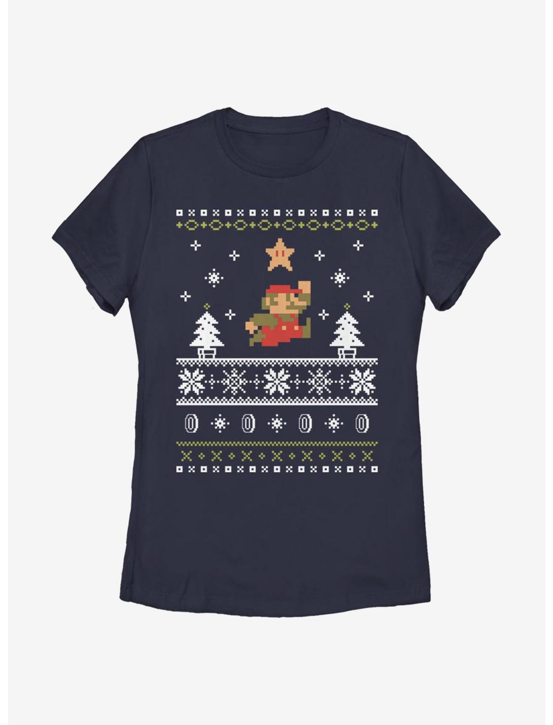 Nintendo Super Mario Jump Christmas Pattern Womens T-Shirt, NAVY, hi-res