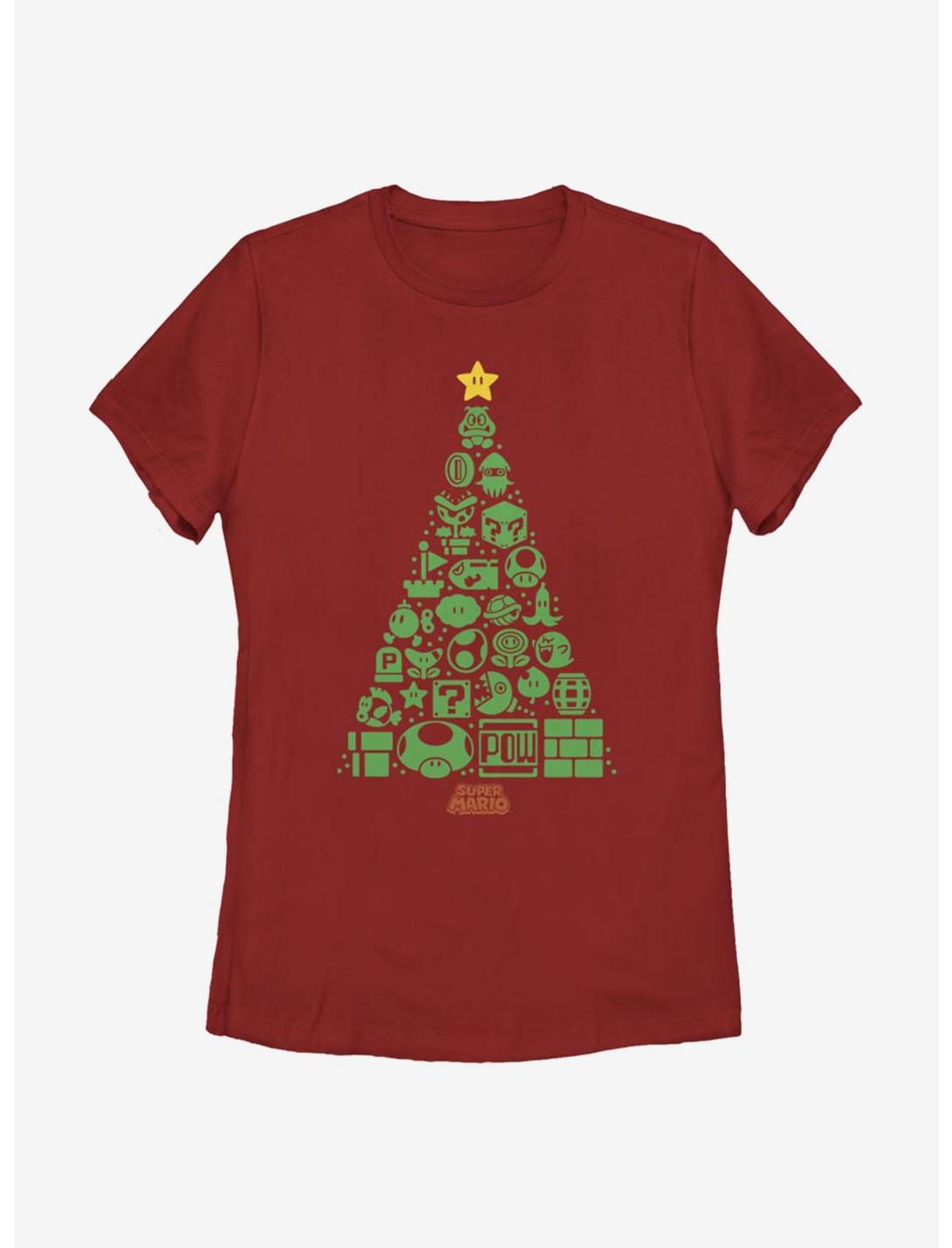 Nintendo Super Mario Christmas Tree Icons Womens T-Shirt, RED, hi-res