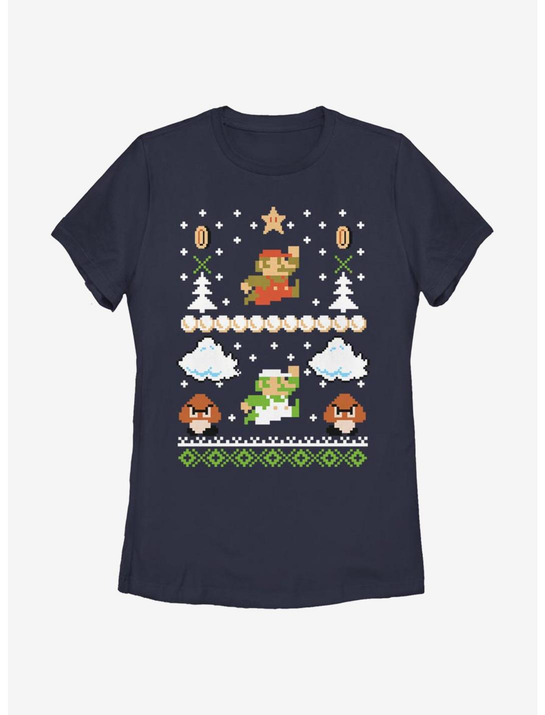 Nintendo Super Mario Retro Adventure Christmas Pattern Womens T-Shirt, NAVY, hi-res