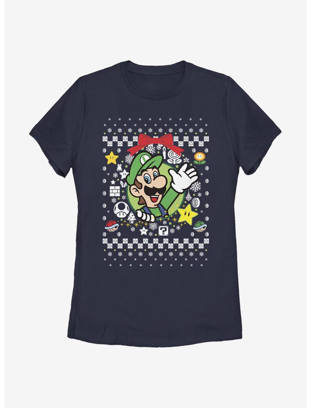 Nintendo Super Mario Wreath Luigi Christmas Pattern Womens T-Shirt, NAVY, hi-res