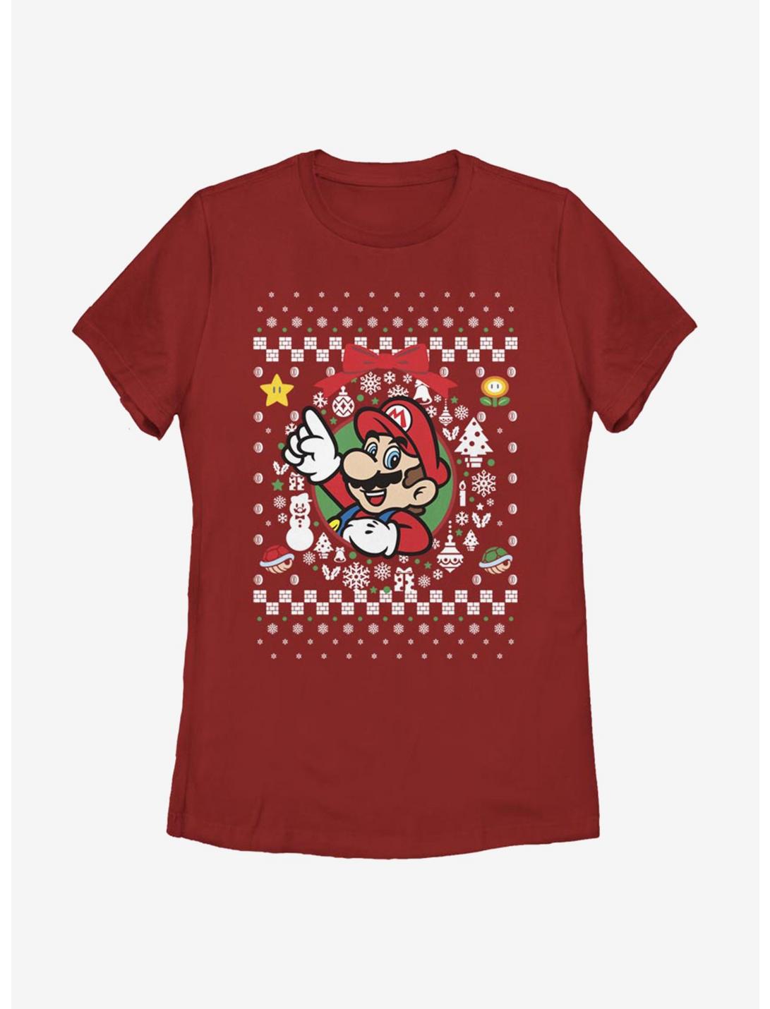 Nintendo Super Mario Wreath Mario Christmas Pattern Womens T-Shirt, RED, hi-res