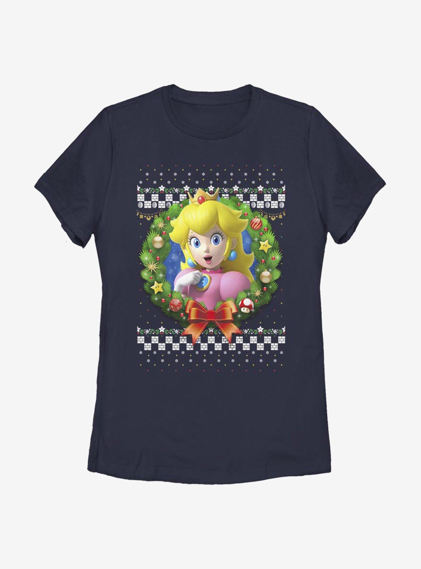 Nintendo Super Mario Wreath Princess Peach 3D Womens T-Shirt, NAVY, hi-res